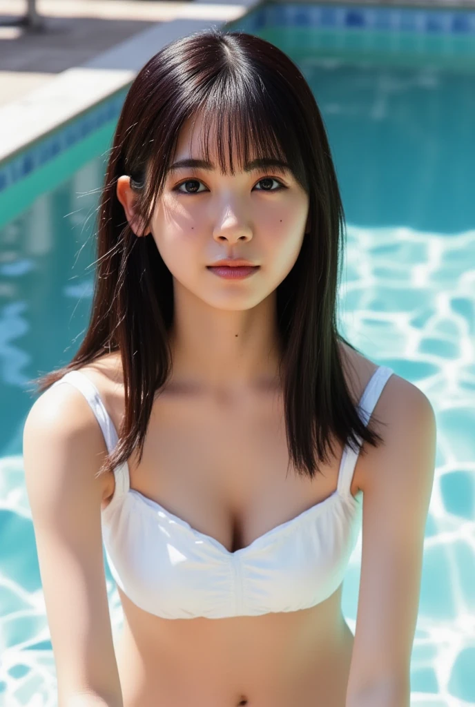(masterpiece, Highest quality:1.2), 8k, Young and beautiful girl, 85mm,Official AR RAW Photos, Baby Face、Brown tanned skin、Big Breasts、(((Please show me only one breast))), Show me your ears、photo shoot, Cute Face, Thighs,Looking at the audience, Embarrassing、smile、Film Grain, chromatic aberration, Sharp focus, Face Light, Bright lighting, 10 generations, Detailed face, Background Blur、((((((15-year-old high school girl))))))、Thin competitive swimsuit、Poolside、