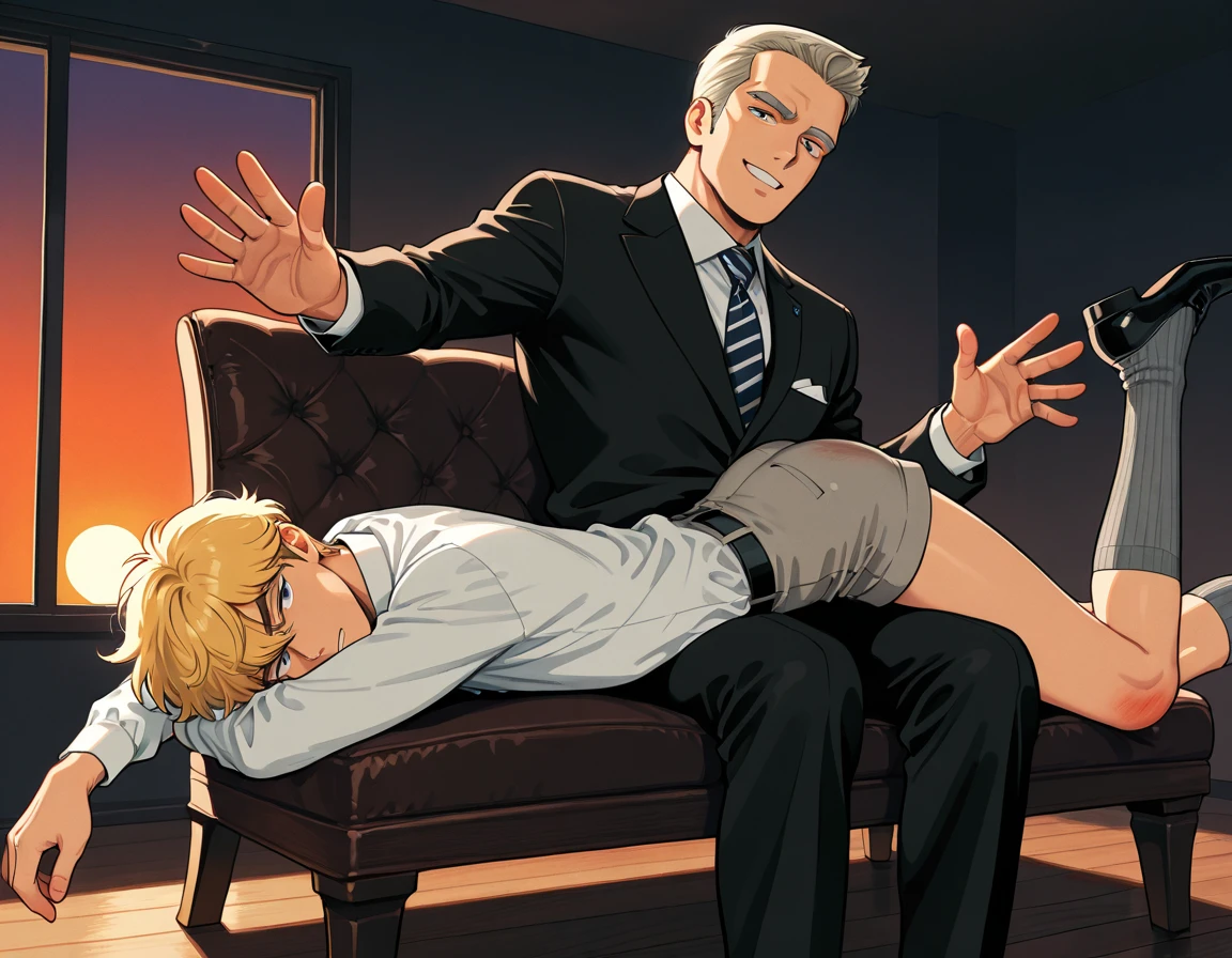 ((Highest quality)), ((masterpiece)), (detailed), (Perfect Face)、The woman is a thief with green eyes, medium-long blonde hair, and is wearing an expensive black skirt-type suit and an expensive white blouse.、In a luxurious guest room, a woman is having a conversation with a dignified elderly man on a large, luxurious sofa at the table.、The man is a dignified, bearded old man, very wealthy and dressed in luxurious, flashy clothing.、The man is holding the shoulders of the woman who is talking and touching her buttocks