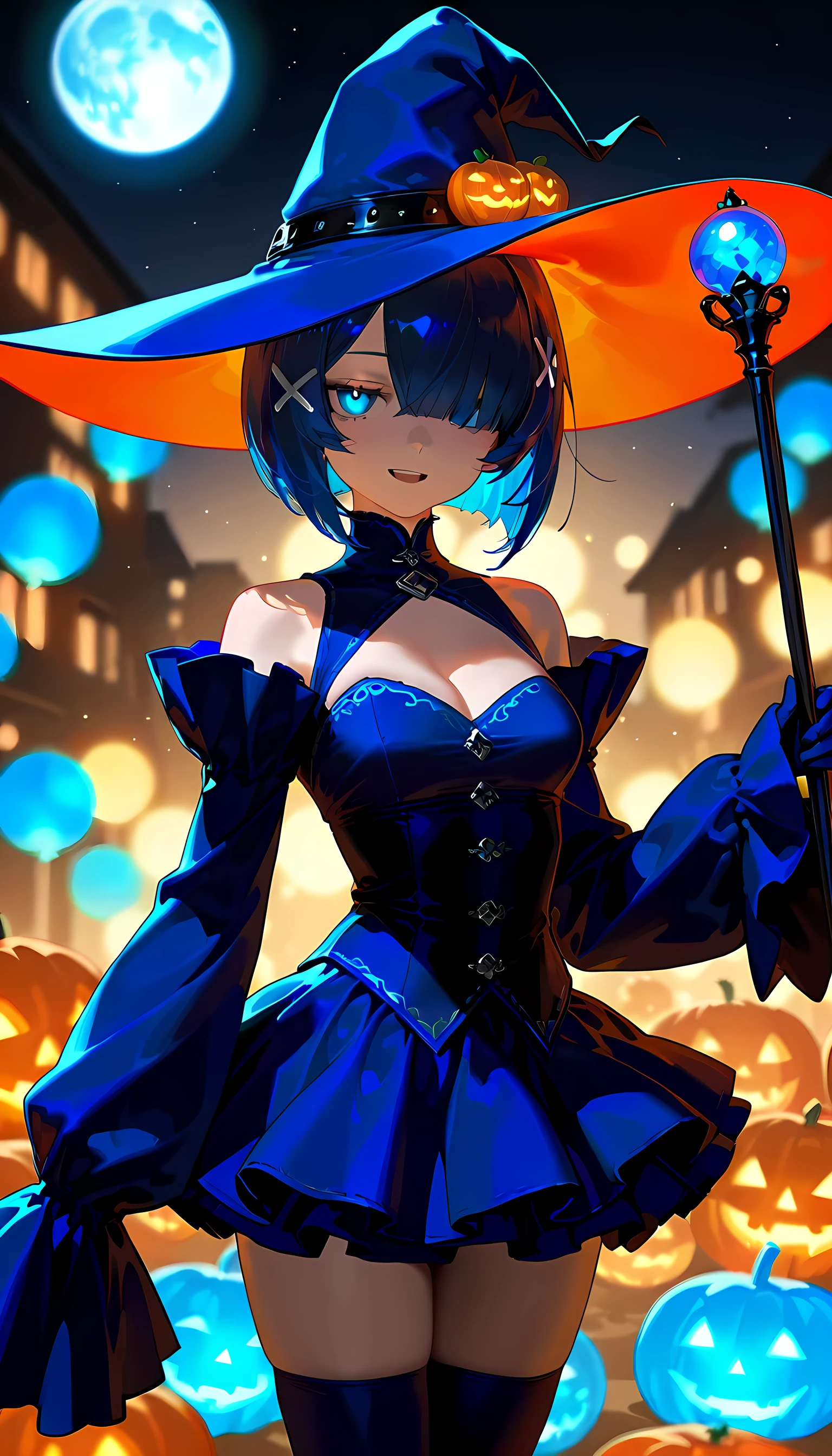 ((masterpiece)), (best quality), ((highres)), 4K, Detailed, Ambient Light, Digital Art, Soft Lighting, light rays, extremely detailed 8K wallpaper
BREAK
outdoors, (raining, 1900s city street covered in blood:1.1), night, whole body shot, 1girl, (milf, 20 years old:1.1), angular face, (glowing short sapphire blue hair:1.1), medium breasts, brightly glowing sapphire blue gem like eyes, serious expression, bright sapphire necklace, wearing a corset and witches clothes and large witch hat, (calling on the void:1.1)