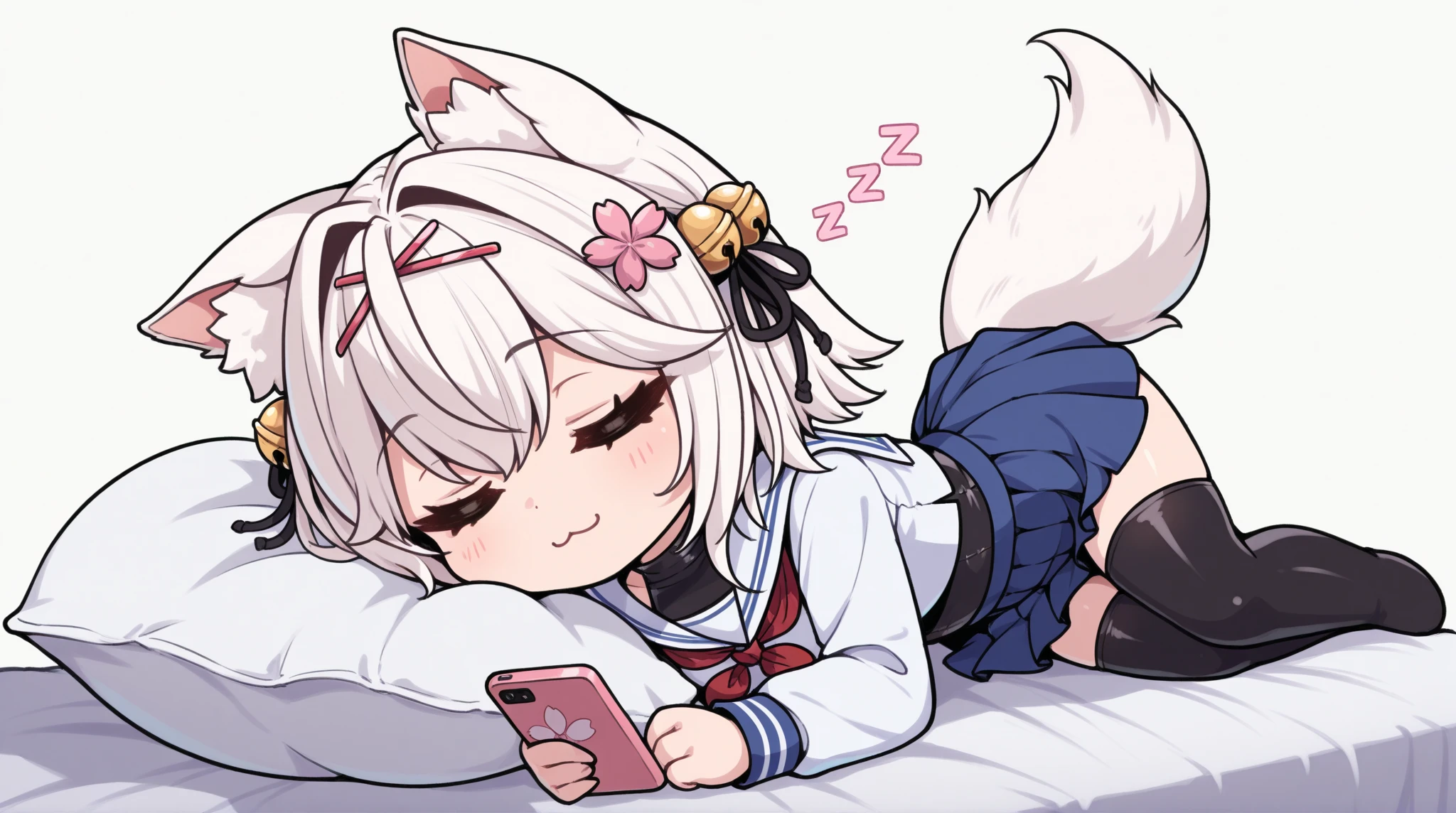 one girl, black sailor uniform, plaid skirt, long sleeve, naive, cat ears, thirteen years old, long hair, pink eyes, white hair, aphrodisiac, heart mark, hypnosis, on bed, wariza, estrus, semen on face, pure, blush, from above, girl focus