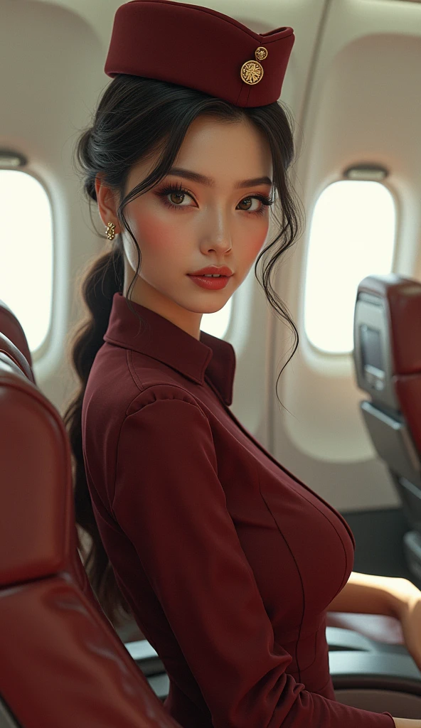 (Tabletop:1.3), High resolution, Ultra-detailed, Highly detailed CG Unity 8k wallpaper, Realistic, photo-Realistic, RAW Photos, Beautifully detailed face, Pale skin, Realistic skin, Detailed cloth texture, Detailed hair texture, Perfect Proportions, Beautiful Face, Accurate, Anatomically correct, Highly detailed face and skin texture, Natural neck length, (Shiny Necklace, wedding ring), (Beautiful Hands Air Skin:1.2), Thin legs, Thin legs, Sexy thighs,
break,
Detailed eyes, Symmetrical eyes, Light brown eyes, double eyelid, Thin eyebrows, (Glossy Lips:1.4), ((Worried face:1.2)), (Drunk:1.2),
break,
(Classy flight attendant), (In the case of a flight attendant uniform:1.2),
(Medium to large chest of drawers:1.2, Nicely shaped breasts:1.2, Slim figure:1.1),
(Dark brown hair, Wavy Hair), ((Medium Hair, Asymmetrical bangs:1.2)), (Upper Body Shot:1.2), ((From below:1.3)), ((Focus on the hands:1.2))
break,
((Wariza with her hands on the floor:1.3)), (Inside the aircraft:1.2),