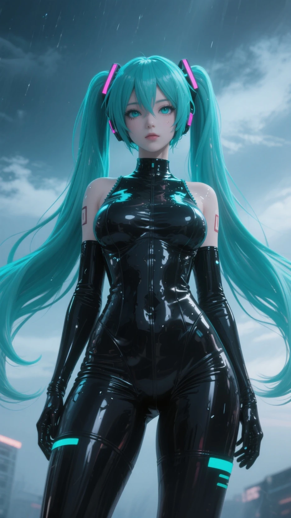 Big breasts Hatsune Miku, beachside, The hair is red and purple, Hair Bow, Colorful eyes are carefully depicted,Futuristic wind motorcycle,Streamer effects,Anime style, Sparkle, letterboxed, Wide shot, in a panoramic view, hyper HD, 3Drenderingof,Super detail, Award-Awarded, 1080p