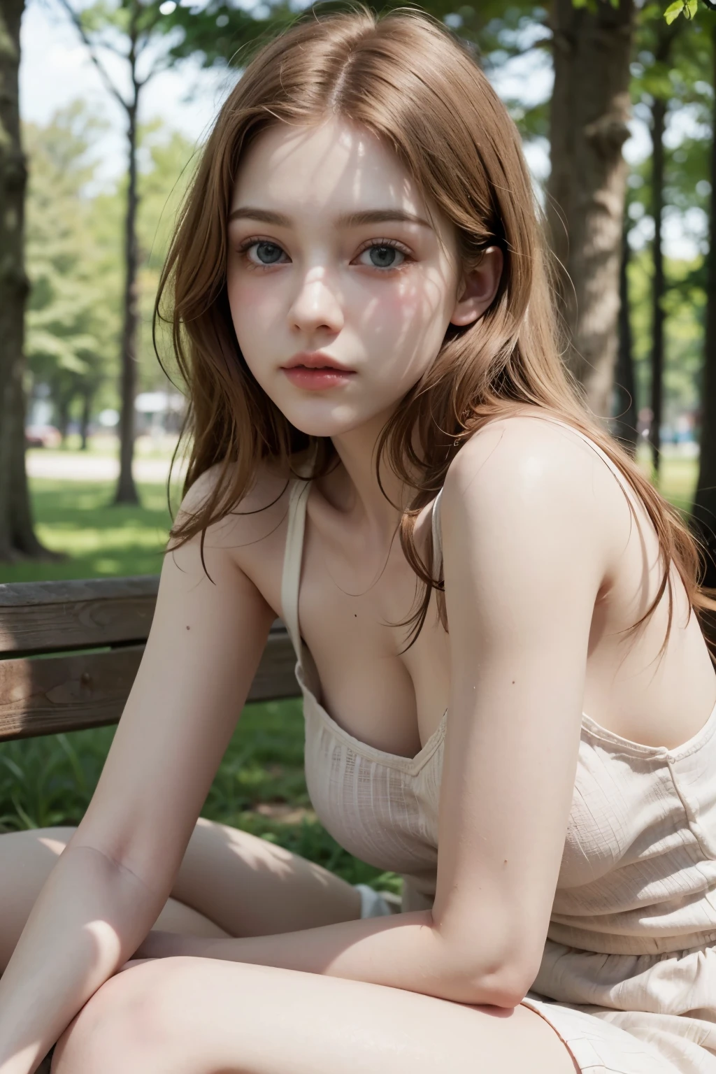girl in, age19, Solo, Aesthetic artwork, irish, wavy ginger hair, shoulder length hair, gray eyes, light grey eyes, pale skin, A-cup, small breasts, runners body, (textured skin, skin pores:1.1), goosebumps, in a green sundress, downblouse, outside, no hands ((hands hidden))