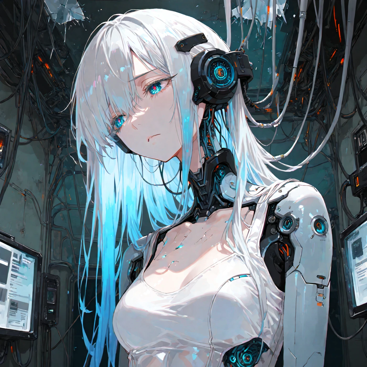 ((masterpiece))), (((best quality))), ((ultra-detailed)), (CG illustration), ((an extremely delicate and beautiful)),(from side),cinematic light, ((1 mechanical girl)), solo person, full bodyesbian,(Machine-made joints:1.2),((Mechanical limb)),(Blood vessel attached to tube),(The mechanical spine is attached to the back),((The mechanical cervical vertebrae are attached to the neck)),(sitted),face expressionless,(Wires and cables around the neck:1.2),(wires and cables on head:1.2)(Character focus),sci-fy,Extremely fine,a color,Thinnest --auto