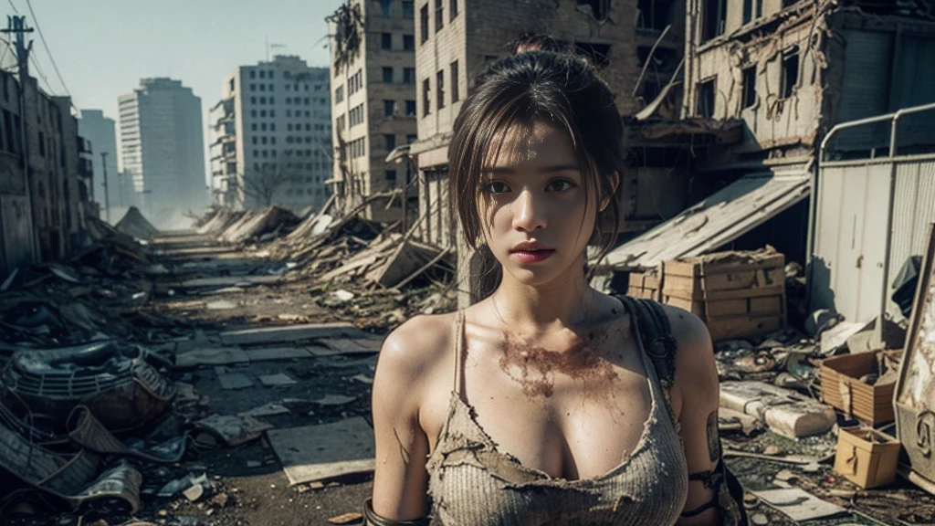 (highest quality、4K、High resolution、master piece: 1.2)、Super detailed、real: 1.37、Natural light、Portrait、surreal colors、futuristic style、Crumbling cityscape、Overgrown vegetation、Foggy atmosphere、Contrasting shadows、tattered clothes、A strong and confident gaze、Abandoned Objects、desolation、Destroyed building silhouette、vivid graffiti、Empowering pose、hair fluttering in the wind、Expressive facial features、unforgettable beauty、Dramatic sky、eerie clouds、intricate details、urban decline、post-apocalyptic setting、Ruins in nature 、Majestic Skyline、Desperate struggle、Creepy Presence、Thought of power、強化されたThought of power、intensity of emotions、Tense atmosphere、heroic attitude、intense action、Fearless Determination、Survival from all odds、Dangerous landscapes、Iconic battle、cinematic composition、epic showdown、A moment frozen in time、mysterious aura、fortitude、Women&#39;s Support、strong female protagonist、Fascinating story、Women's power、Fierce determination、Empowering Stories、Behind her is a huge(Invader Mech)is on fire and on the verge of collapse
