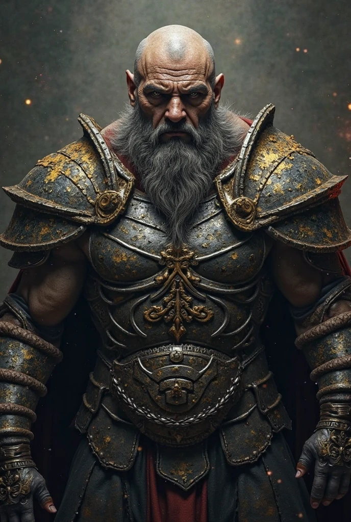 Avatar of an old warrior, 7, long gray hair with a dragon, red cape with a very large tattoo written RAW with a crown on her head, dark green eyes with a shield written RAW on the shield