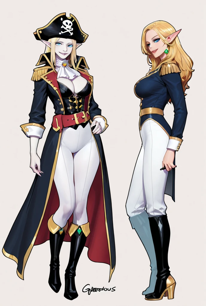 ((best quality)), ((4k)), ((highres)), ((masterpiece:1.2)). ((detailed)), ((ultra realistic)), ((intricate details)), ((full body picture)), ((character design sheet)), ((blank background)), ((standing in a blank background)), solo character, a full body shot of a sexy pale female, inhuman pale skin, pasty white skin, ((vampire pale skin))), ((ghostly pale skin like kratos from god of war)), redhead, ((vivid red hair)), braided low ponytail, ((braided low ponytail)), thin braids, slicked back hair, sexy and dangerous, evil smile on her face, ((evil smile)), about 30 years old, about 6'0 ft tall, athletic frame, character concept art, female executive, white blazer suit, white dress pants, work pants, white outfit with black details and gold adornments, ((predominantly white outfit)), ((showing cleavage)), gold office heels, fighting game character concept art, tekken character design, the king of fighters character concept