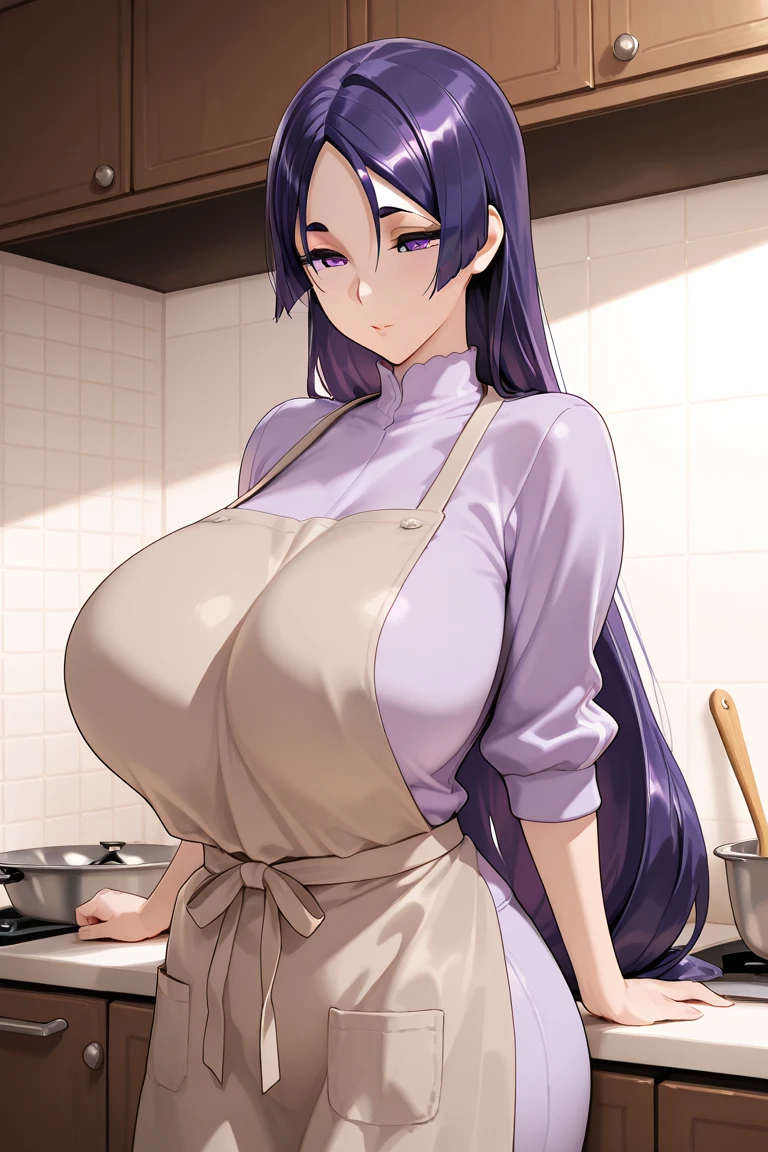 (Best Quality, Masterpiece),sexy mommy, erotic, nsfw,Front cover of a women's cooking magazine, , naked, erotic, 18+, nsfw, 1girl, 30 years old, stunning, cute, heartwarming smile, hourglass figure, super mini bikini, pinny apron, beautiful food, text, diagrams, advertisements, magazine title, long straight purple hair, purple eyes