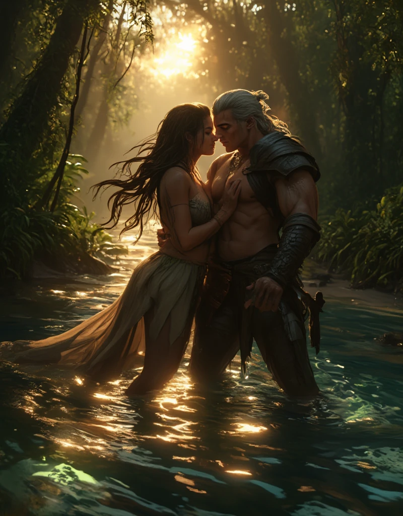 (Handsome short-hair barbarian Chad) cuddling and kissing and grinding with his (three Gothic sexy long haired concubine witches wives bitches) at a beautiful waterfall, feeling true love, feeling pure ecstacy, freckles, Flirtatious, seductive, tattoos, jewelry, racially diverse, masterpiece, wearing fur outfits, fantasy illustration style, magical atmosphere
