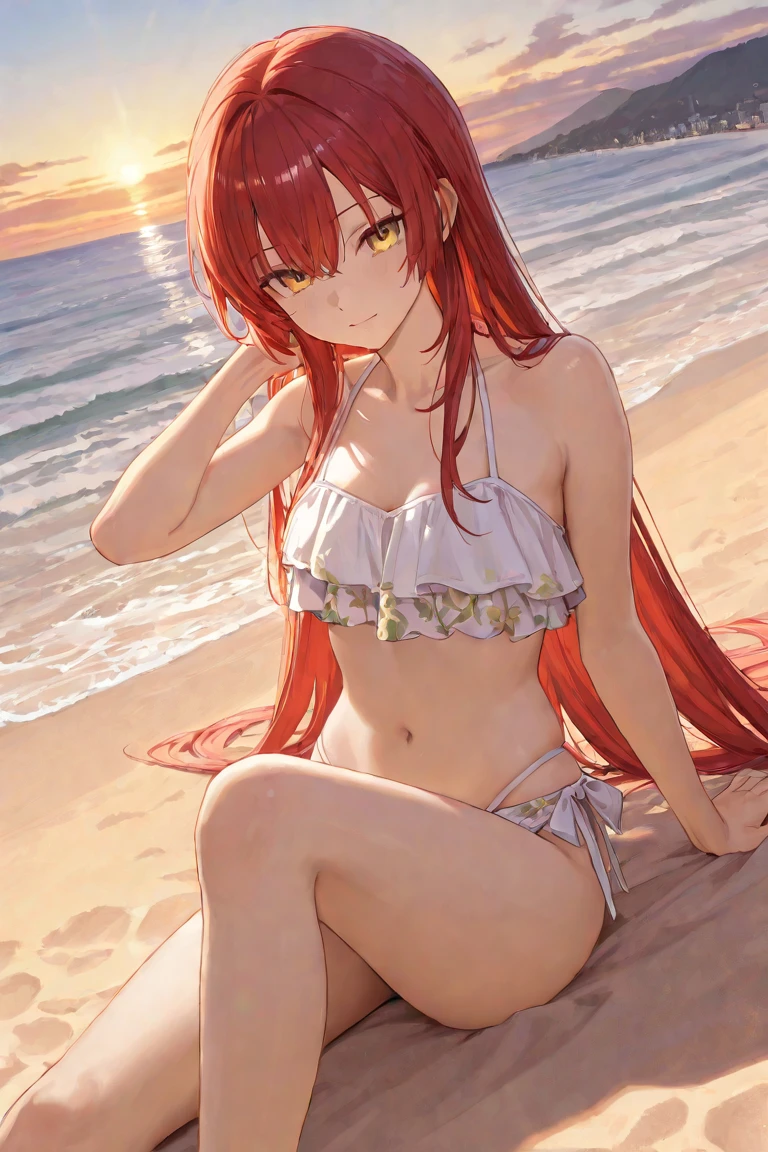 beach,seaside,Sunset,8k resolution,Long red hair,green eyes,fair skin, of laughter,white bikini, green beach robe, foreshortening shot, alone