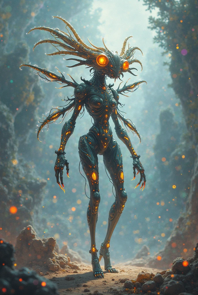 The prompt for the given theme is: "black color, ram's head, Death's scythe, infernal horror, overlooking, tattered clothes, downward gaze, illustrations, highres, ultra-detailed, dark fantasy, sharp focus, vivid colors, dramatic lighting, bokeh". female robot pilot, mechanical creature, electronic wires relays computer nerves, girl face, dystopian surrealism, alex ries zdzisaw beksinski giger, very intricate details, demon chinese female, deep luminous eyes contain galaxies, head contains nebula, deep aesthetic, concept art, carved silver circuits diodes resistors semiconductors, highly ornate