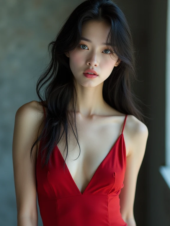 Young woman wearing a red dress 