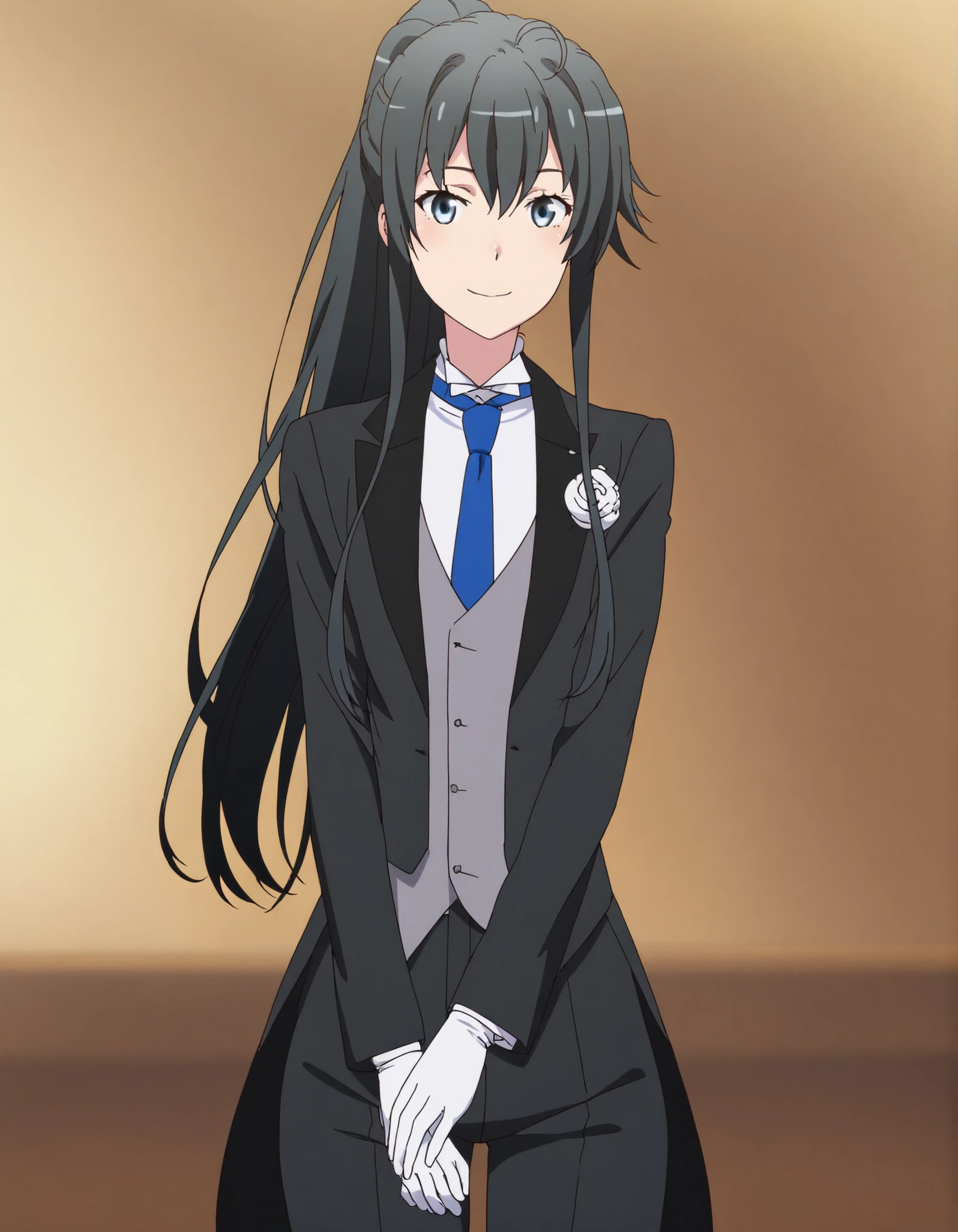 masterpiece, best quality, very detailed, , masterpiece, best quality, eyelashes, (Beautiful Eyes), cowboy shot, anime, Official Illustration,,,in front,,,1girl, solo, standing yukinoshita yukino, blue eyes , black hair, long hair, ponytail, tuxedo tailcoat, butler, blue necktie, black pants, white gloves , soft thighs,cool smile, reaching at viewer, handsome girl, shinny eyes , narrow waist
