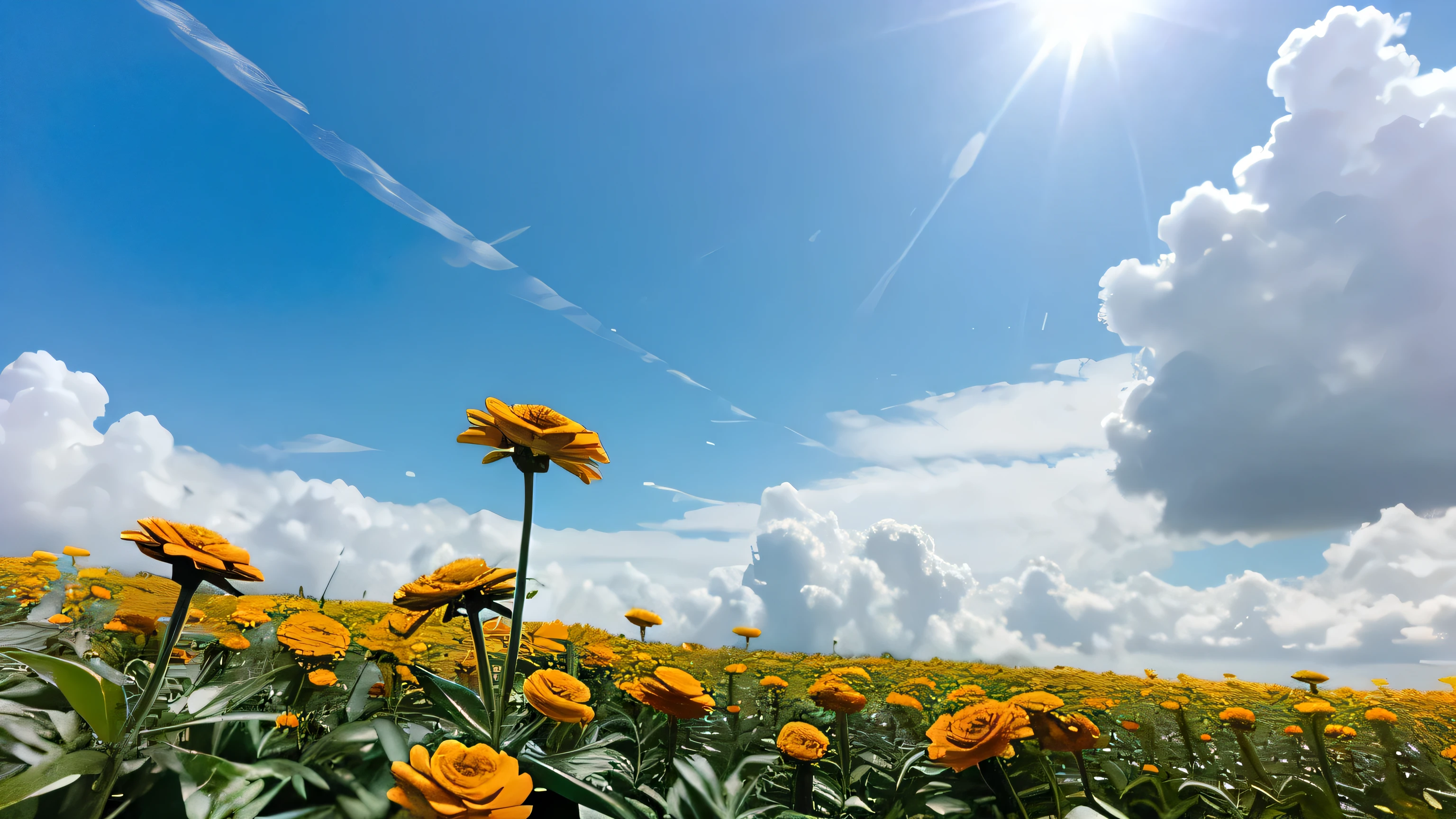 lukisan bunga marigold, di rerumputan, detail, full frame, flower only, no human or character, vast blue sky