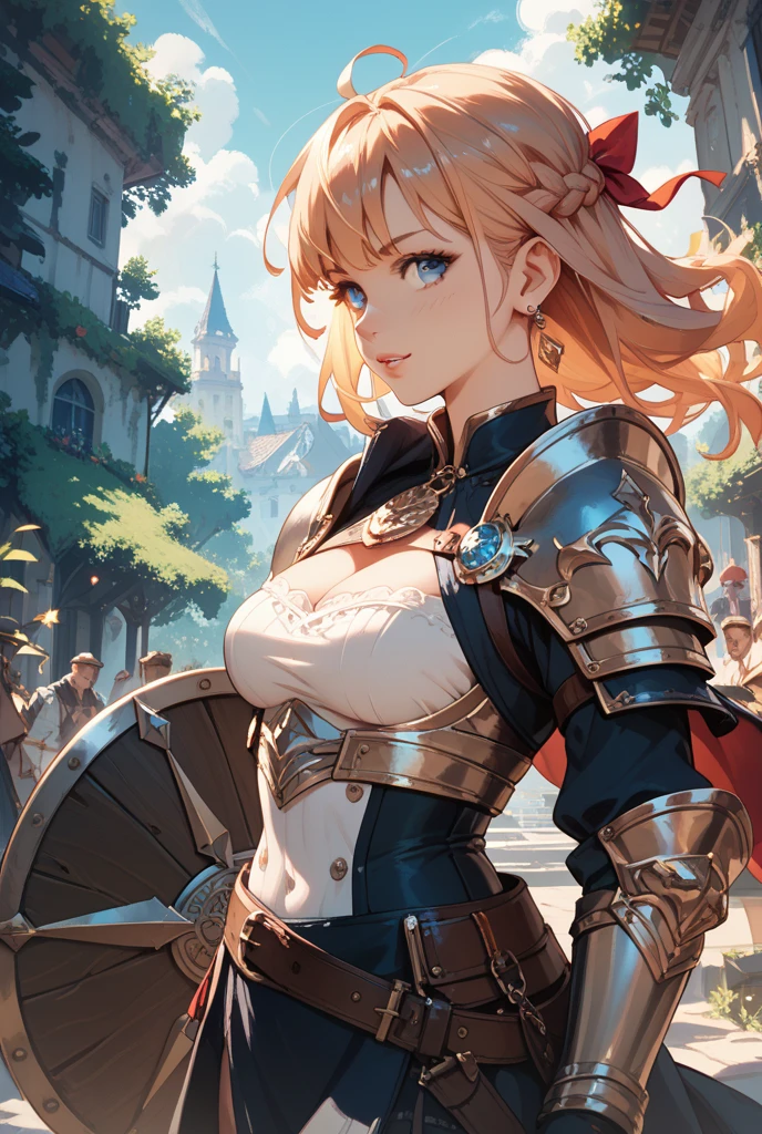 Highest quality, Official Art, masterpiece, Fabric Shading, High resolution, Very detailed, colorful, Best details, Fantasy, Combat Uniform,1 female, Age 25, A castle town with a medieval castle view, Chic fluffy, Large Breasts, skinny,Surrounded by a lot of people:1.9、Confetti falling、Blessed、Camel Toe:1.3