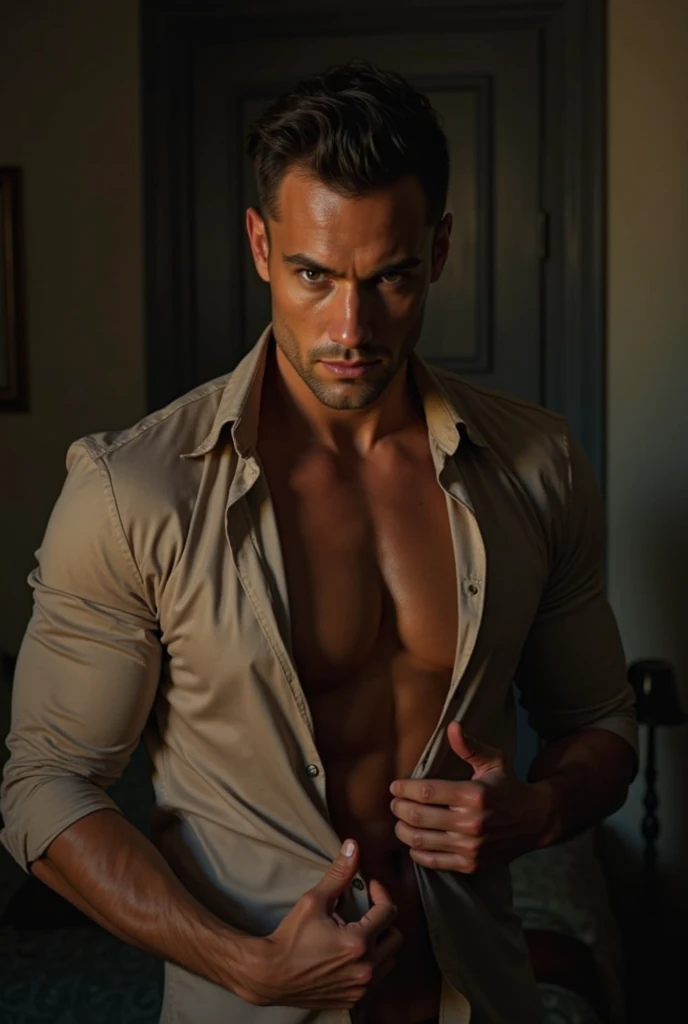 shirtless handsome manly short black hair caucasian male in open white long-sleeved shirt, the shirt is sweat-drenched, soaking wet, sweating profusely, tired, standing inside the room in house.  No beards 