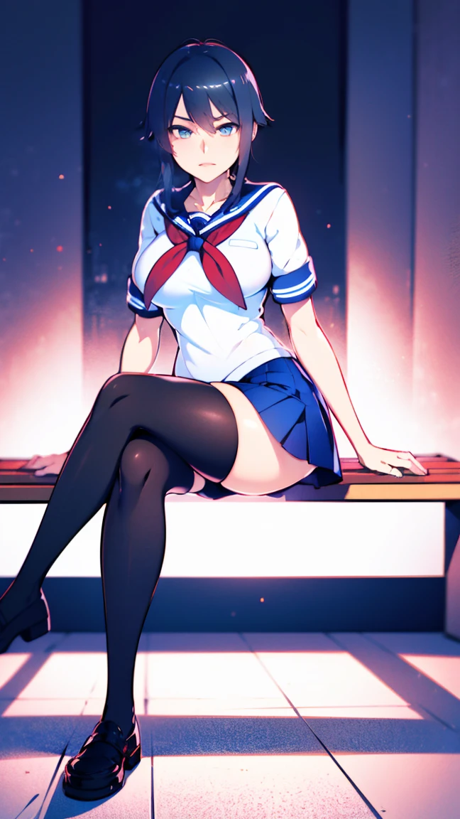 ((Correct Anatomy)),(Female student),((school uniform)),((Sailor suit)),((Lace panties)),(Mini Pleated Skirt),(((Black Pantyhose)),(stage),((Beautiful feet)),((Big Breasts)),Ultra-high resolution,Mature Woman, Mature Woman, Very detailed,Perfect hands, Detailed fingers, Beautiful details, ((Long blonde hair)),((ponytail)),loafers,Earrings,Embarrassing,Perfect Eyes, Captivating eyes,School