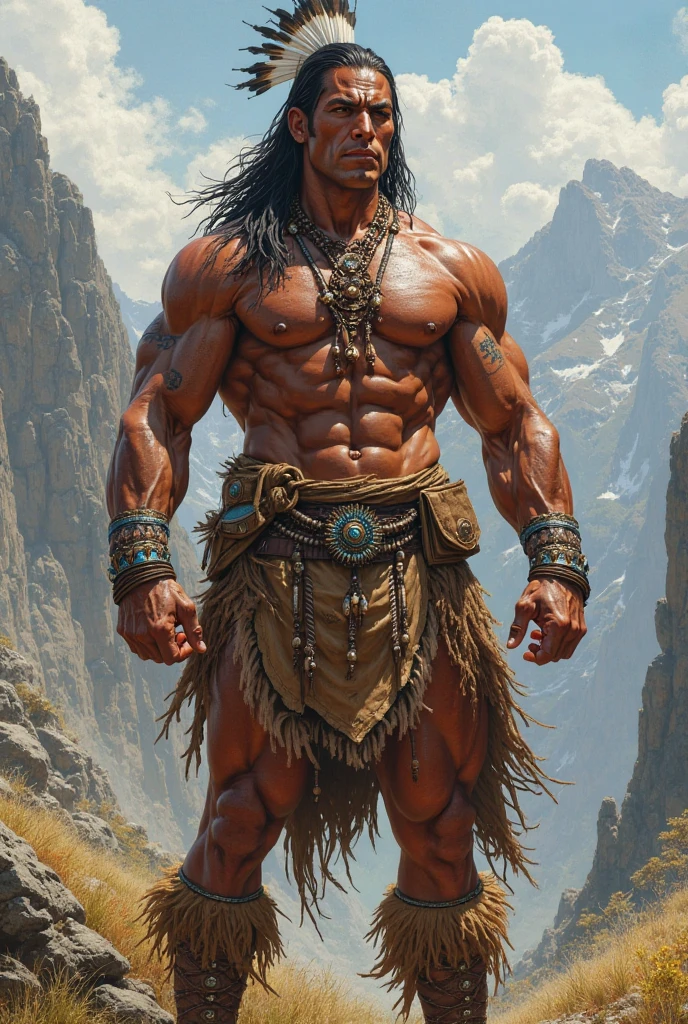 Conan, the Barbarian, cabelos longos negros, olhar selvagem, athletic physique, vestido com uma tanga feita de pele de urso, mantida por um cinto ornado de metal, in his hands an axe and a sword, pose distinta pronto para travar a sua maior batalha contra seus inimigos pictos, epic scene inspired by Robert E's End of the World Frontier.Howard ,arte John Buscema, (cena detalhada, luz natural, arte perfeita)