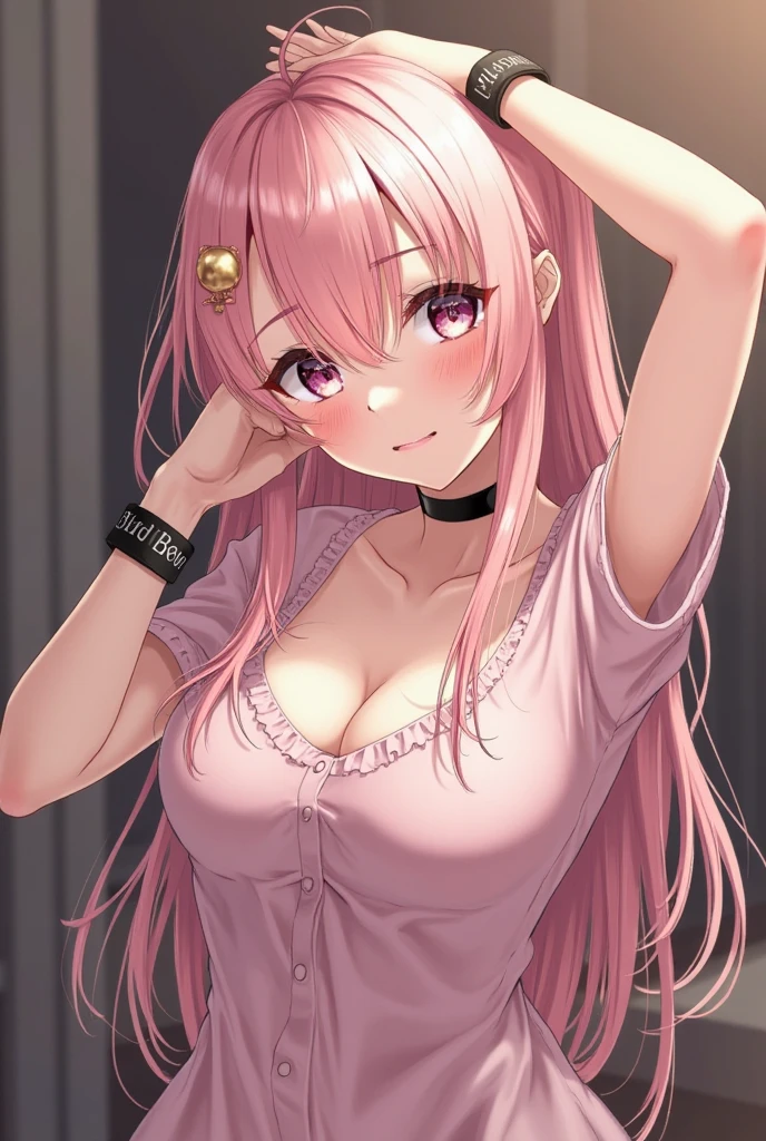 pink hair　white flower hair ornament　dress　　high school girl　naked