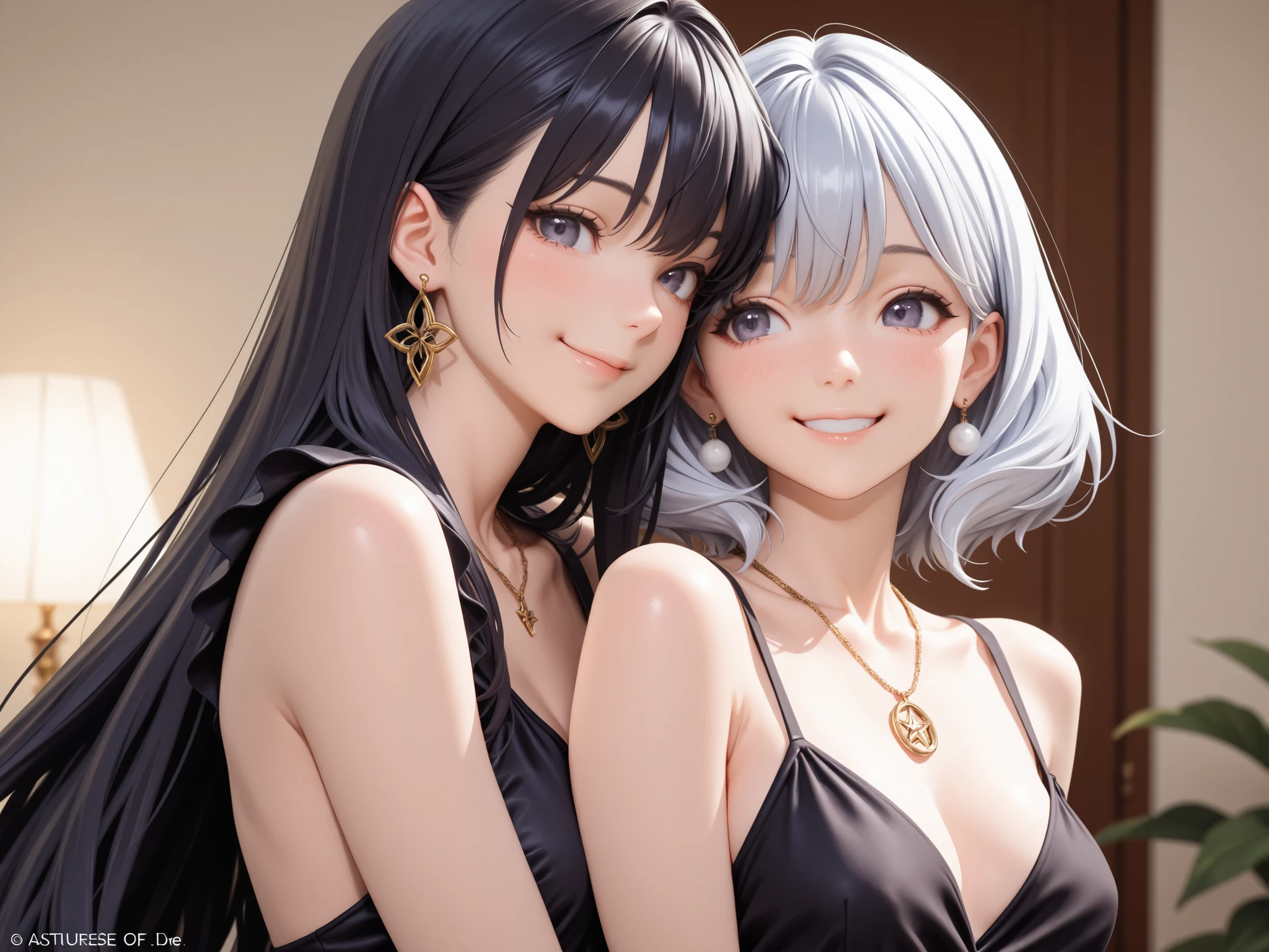 2girls、Side faces of a sister facing the star and moon、Side faces of the sisters hugging each other happily、, posing to seduce viewers with an attractive smile with a symmetrical composition、On the left(My older sister is a beautiful girl with long black hair mixed with blue -), a cute girl with a star necklace and earrings、On the right(My little sister has short silver hair), moon necklaces and earrings、The two are wearing matching dark purple formal dresses、 golden ratio 、ultra-high definition digital art、Super realistic anime CG、Ultra High Definition Oil Painting、 acrylic paint、very aesthetic、Exquisite Craftsmanship、Official Art、ultra high definition 3d rendering、(((masterpiece)), ((Highest Quality、Super Detail、absolute resolution、8K、16k、32k、high definition))