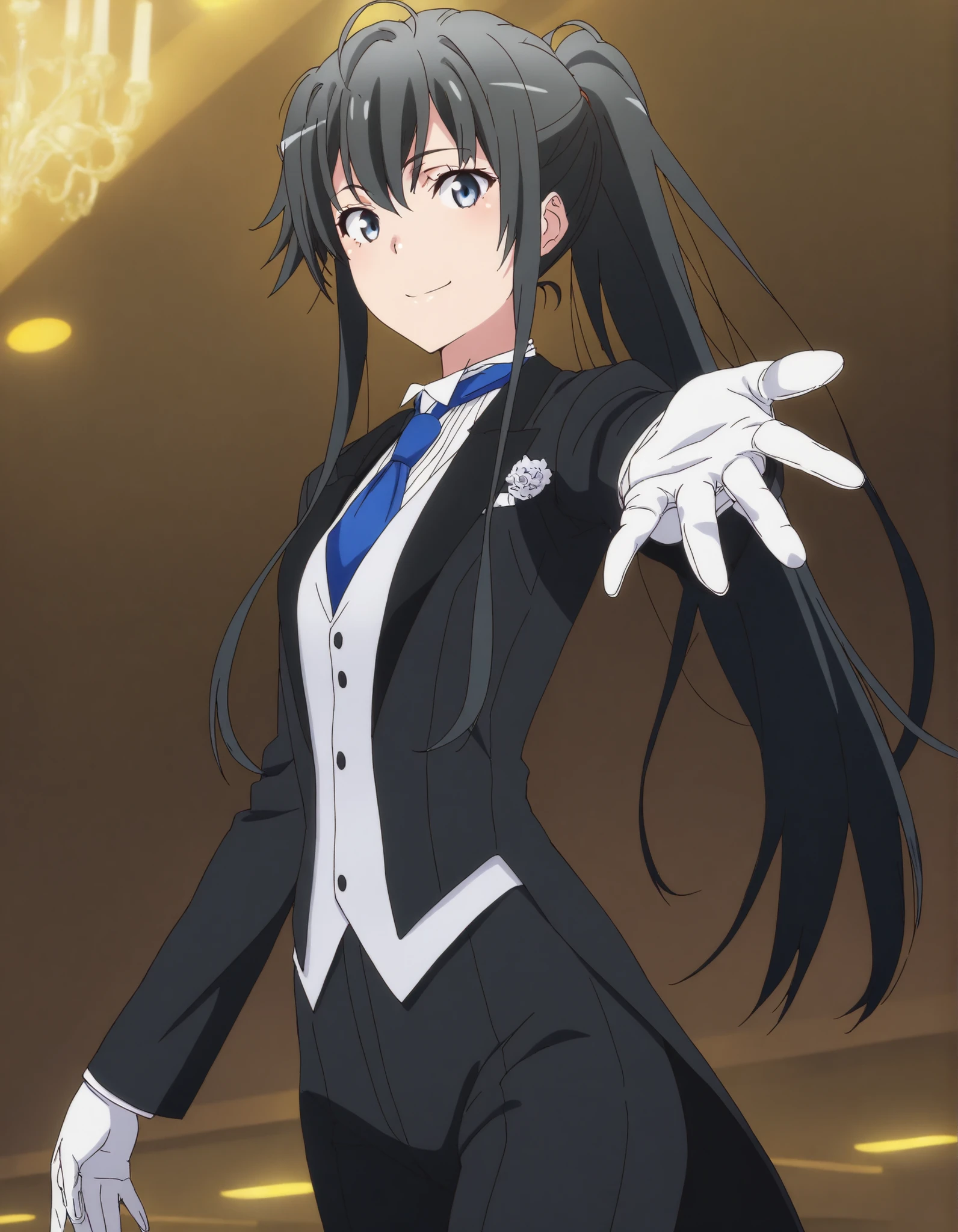 masterpiece, best quality, very detailed, , masterpiece, best quality, eyelashes, (Beautiful Eyes), cowboy shot, anime, Official Illustration,,,in front,,,1girl, solo, standing yukinoshita yukino, blue eyes , black hair, long hair, ponytail, tuxedo tailcoat, butler, blue necktie, black pants, white gloves , soft thighs,cool smile, reaching at viewer, handsome girl, shinny eyes , narrow waist