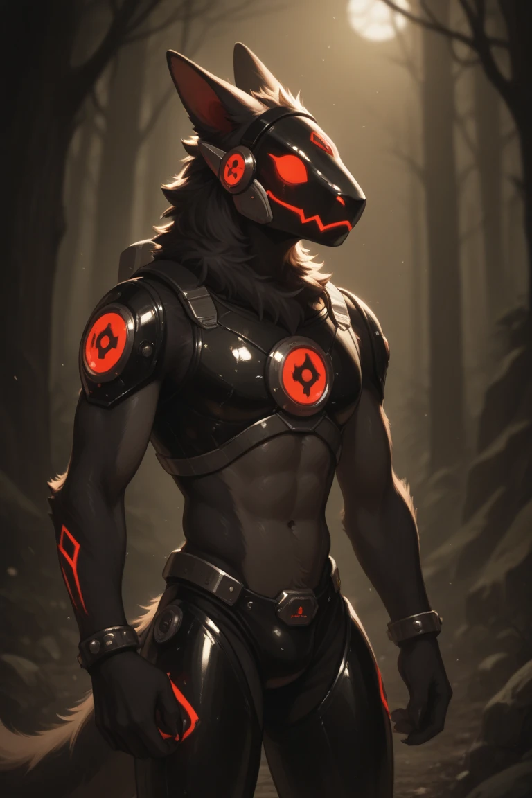 (((Detailed anatomy, detailed eyes, detailed body detailed face, best quality, high resolution))), 1male, Wolf, Protogen, Adult body, dark furs body, tail, Muscular body, red eyes, orange metal arms, orange metal legs, by Buta99, by Zackary911