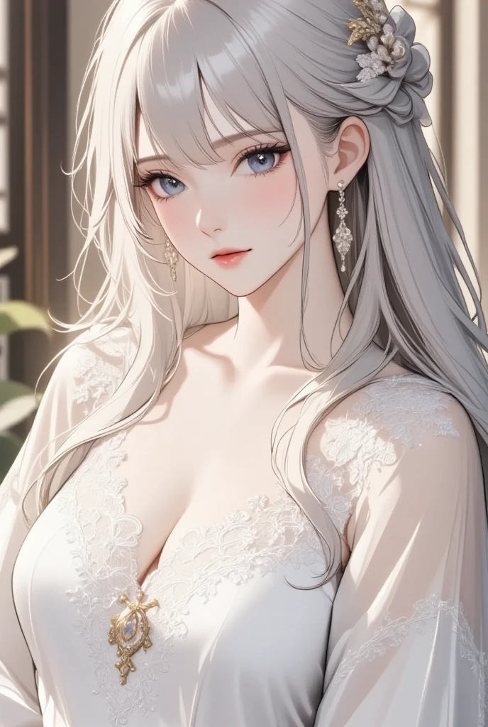 A working woman, white-collar worker, slender figure, medium chest, charming smile, upward corners of the mouth, silver-white hair, blonde hair, long flowing hair, three-seven hair type, curly hair, light illuminated hair, exquisite and perfect facial features, dark coffee beautiful eyes, slender eyebrows, eye shadow, blush, sexy lips, lipstick translucent and shiny, the most beautiful big eyes, light in the eyes, black eyes transparent reflection, long eyelashes, sweet eyes with lying silkworms, smile, in the office, good posture, macro, close viewer, white underwear , thong, spread your legs