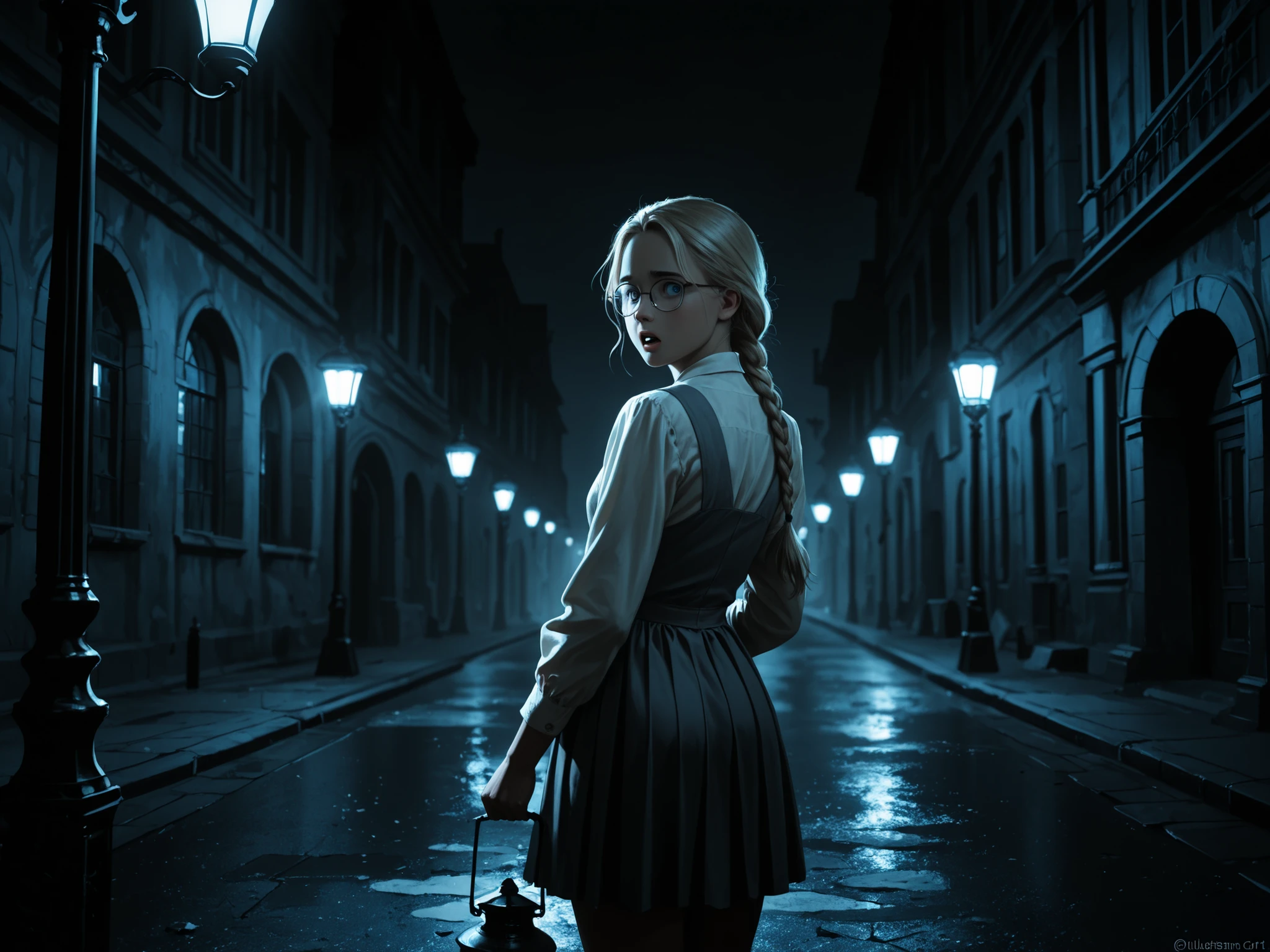 (vintage art, illustration, masterpiece), absurdres,best quality,amazing quality, dark, blue theme, subterranean underground city, london, deserted, street, buildings, victorian architecture, lamppost, solo, cowboy shot, , young girl, fair skin, blonde hair, single_braid, looking back, perfect face, forehead, button nose, blue eyes, wide eyes, nervous, open mouth, looking aside, glasses, grey pinafore, very short dress, pleated dress, white blouse, holding lantern, black sky