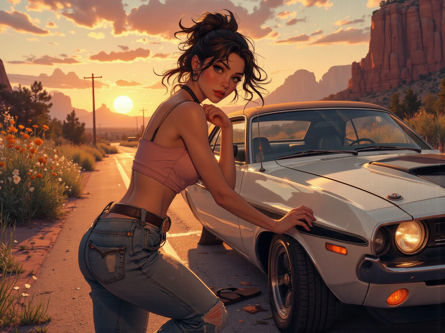 4k, digital painting, Comic Babes, araffe girl in red bra and white shorts leaning against a red truck, Isabela Moner, Instagram Model, thick thighs, Julia Fontes, sexy girl, beautiful young model, in the countryside, streetwear bra and shorts , sexy look, Portrait of Sophie Mudd, thighs, the extremely hot and sexy, exposed thighs, half pink, olivia de bernardinis