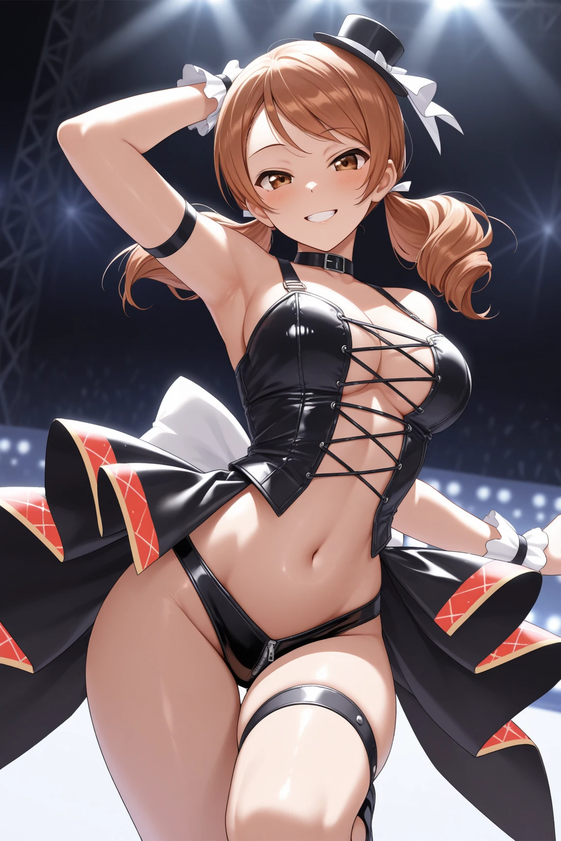 a beautiful realistic anime woman in a corset holding a rose in her hand holding in her free hand, view of 1 girl, symmetrical face, alone, realistic long dark brown hair, firm breasts, blue expressive eyes, gloves, looking at the viewer, random sexy pose, corset (all realistic intricate details) front side lighting, in an all black background with the girl on the right side
