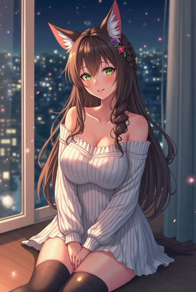 masterpiece, highest quality, Super detailed, High resolution, (Ink painting style), excellent anatomy, 1 beautiful woman, ((pixel perfect, Depth of bounds written, 4K, rtx))), alone, beauty, see the whole body, ((long hair to the waist, short bangs, reddish brown hair)), ((blue eyes, beautiful eyelashes, realistic eyes)),detailed face, ((smooth texture:0.75, lively sense of quality:0.65, lively:1.1, Anime CG style)), medium breasts, perfect body, ((pink dress, bare shoulders, black tights)), confident smile, Sit sideways in a chair, looking down from above, (The wind is strong and the hair is fluttering, exposed thighs, night view hot spring, snowy night, best light, best shadow, Mysterious, perfect face, very detailed,