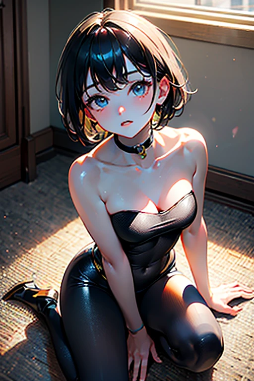 8K Ultra Clear,16-year-old girl,legs are open,half squatting,Erotic jumpsuits,Lace,with short black hair,Loafer shoes,cleavage,No collar and no sleeves