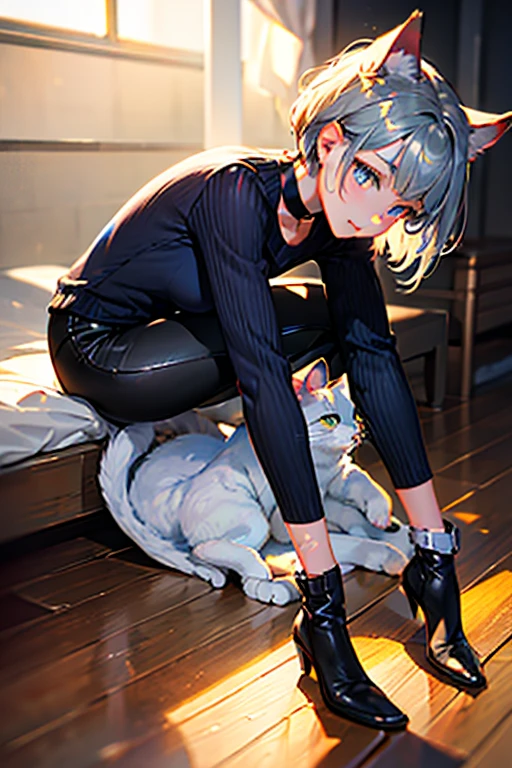 cat-boy, toned, sharp big wolf ears, wolf tail, big black messy hair, extremely vibrant red eyes, HD, masterpiece, vibrant, black converse shoes, slim dark black hoodie, full body view, neutral face, black thigh socks, combat boots.