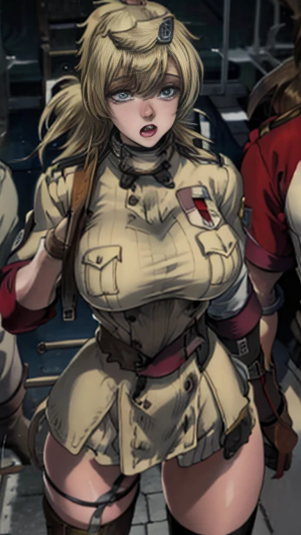 (Masterpiece, best quality, intricate details, 1sologirl) iron collar, arms behind back, iron cuffs, shackles, bound ((standing by wooden pole:1.2)) looking from above happy closed mouth ((Dark elf skin)) looks at the viewer smiling, extremely huge breasts, maternal, chest cover with clothes, Blindfolded: NO EYES