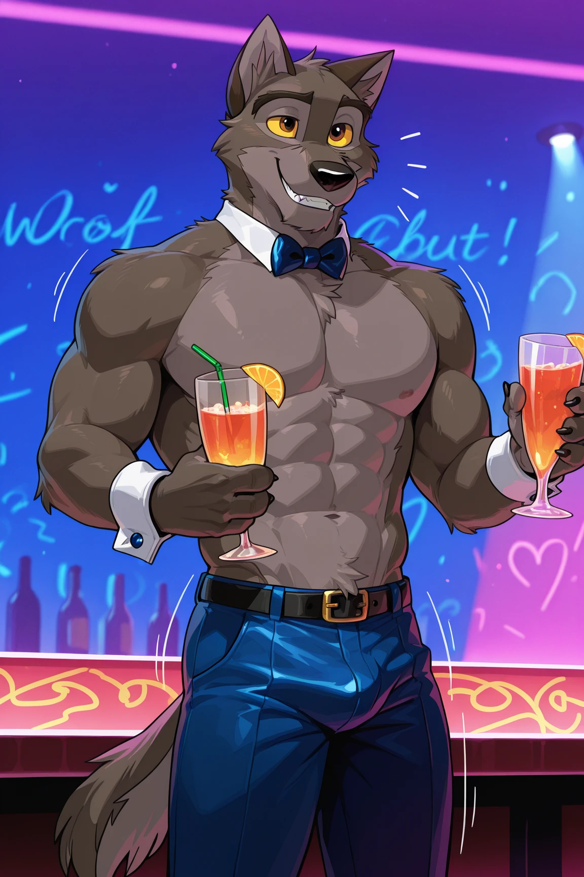 Muscular elderly man(furry) enjoying a drink at a lively bar, cg realistic, realistic, no shirt, detailed speedo, big underwear bulge