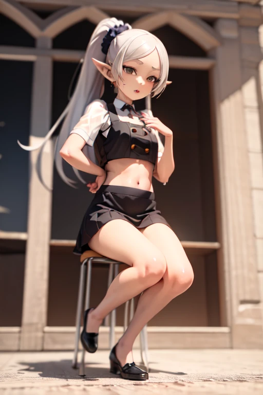 Sexy T-panties , White Crop Tea , running shoes , portrait , silver hair , Standing , wide pelvis , smile , 