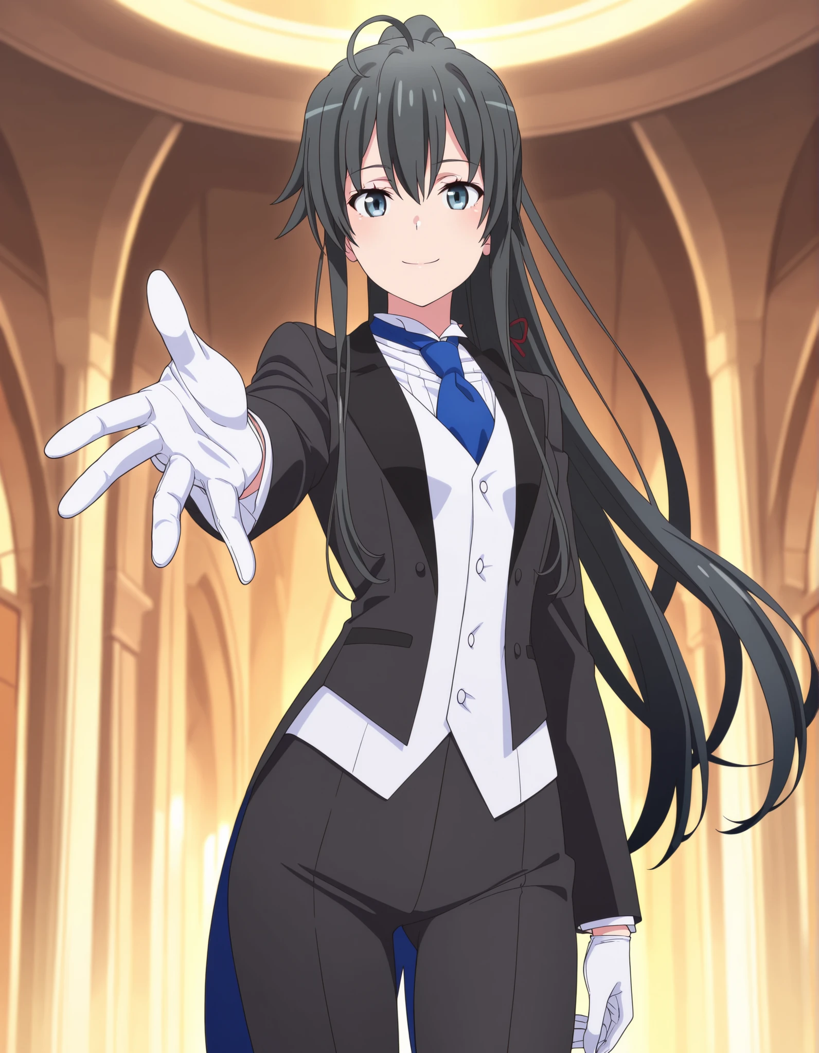masterpiece, best quality, very detailed, , masterpiece, best quality,  eyelashes, (Beautiful Eyes), cowboy shot, anime,  Official Illustration,,,in front,,,1girl, solo, standing yukinoshita yukino, blue eyes , black hair, long hair, ponytail, tuxedo tailcoat, butler, blue necktie, black pants, white gloves , soft thighs,cool smile, reaching at viewer, handsome girl, shinny eyes , narrow waist