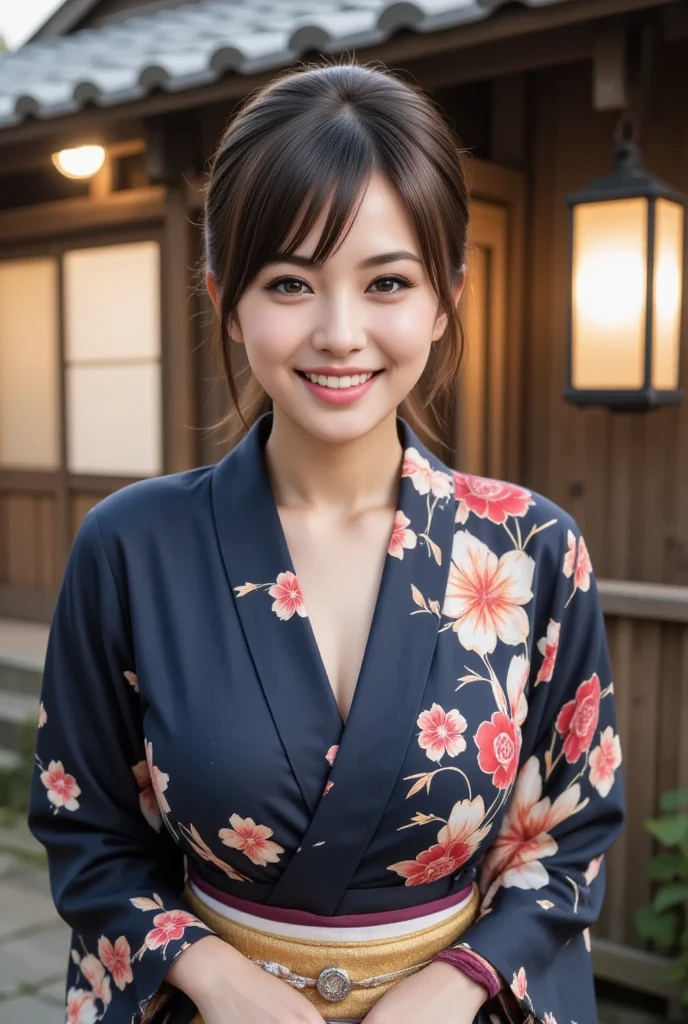 masterpiece、Highest quality、High resolution、Tabletop、wallpaper、Realistic、Bright lighting、Professional Lighting、Face Light、Smooth lighting、Japanese women、Adult female、Beautiful woman、、Modeled、gravure、sexy、so beautiful、Beautiful Skin、Beautiful and detailed、Detailed face、slim、Large Breasts、Cleavage 、short hair、Brunette Hair、Brown eyes、Looking into the camera、Japanese Kimono、Japanese Yukata、hot spring、smile