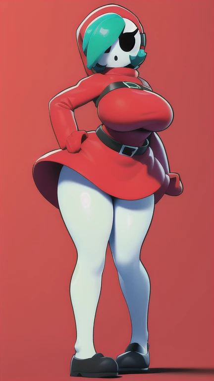 (shygal), (sexy), Very large tight breasts, curvy, slim, long hair, full body, color theory, (((Basic Concept art pose))), (stockings), (buckle boots), (belts), ((hood)), mask, arms, legs, body, ((solo)), (((Single color background))), masterpiece, Ultra hd, large thighs, hand sleeves
