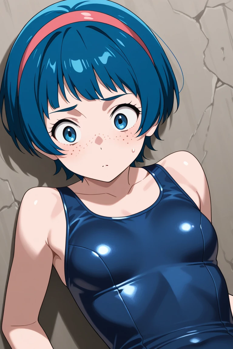 (((megami magazine))),(masterpiece)), ((top-quality)),((Vivid light and shadow depiction)), (The ultra-detailliert), ((kawaii)), cute little, (Detailed body line depiction), ((detailed face depiction)),((ighly detailed)), 4K、 (8K), top-quality, (Beautiful fece),(((World-class quality))), ighly detailed, hight resolution,(((独奏))),((((blue green hair)))).((((shinny hair)))),(((White and beautiful skin))),(((Detailed udder))), (((Beautiful blue-green eyes))),(((Short bob hair)))),(((Ahoge))),normal breast、(((Bold poses)))、(((red blush))),(((Shameful smile)))、(((Looking up from your feet)))、(((composition seen from below)))、acrobatic pose、((Hair flutters in the wind))、(((In the bathroom))),(((full of sweat)))、(((open the legs widely))),((Detailed crotch depiction))),(((used condom on)))、(((Lying on a gray air mat))).(((Open your crotch)))、(((Emphasis on the crotch)))、(((dark blue school swimsuit)))、(((dripping white liquid on the body))).((Lying)),Take off your swimsuit、(((Emphasis on the buttocks)))