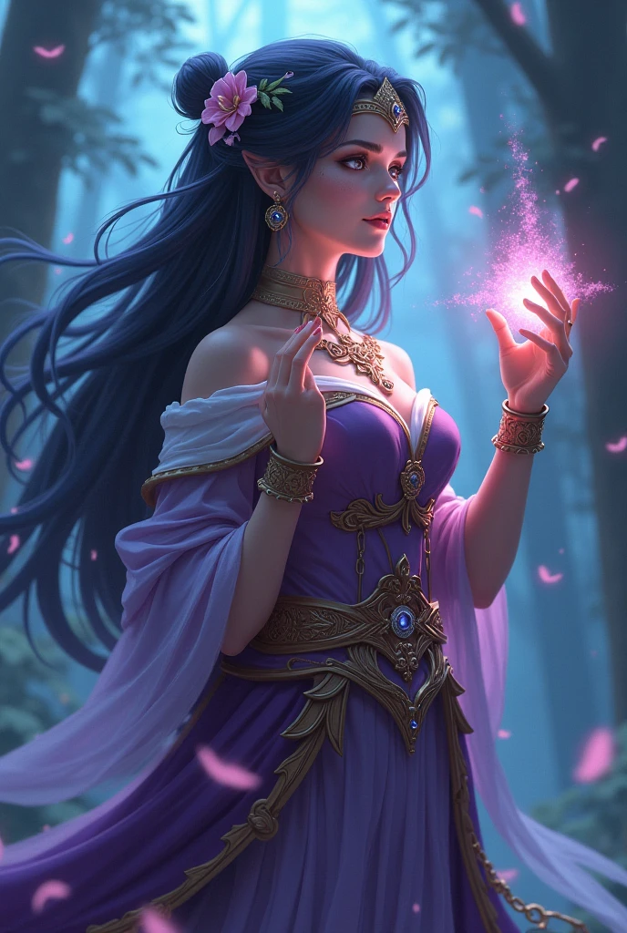 create a sorceress elf with black wavy hair, who has an amulet in his hand and wears purple accessories, studying magic