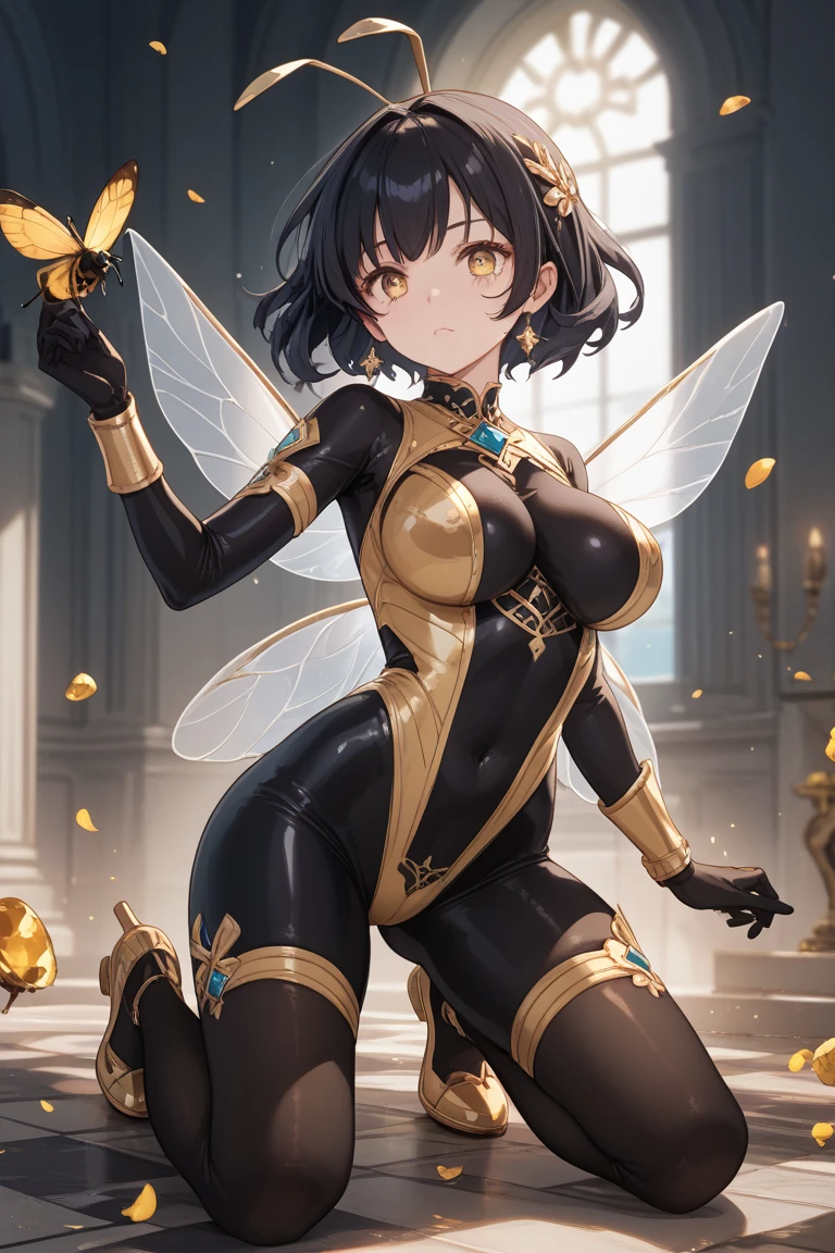 Artoria Pendragon has dragonfly wings, iridescent dragonfly wings, short, fluffy brunette hair, and crimson-red eyes. Perfect ???????, dressed in vibrant clothing.