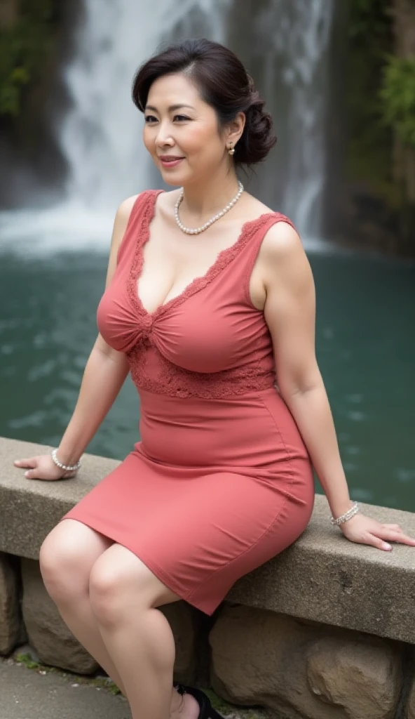 sitting on a park bench, Wrinkles around the eyes, Smiling with teeth showing, Plain short-sleeved clothing, senior citizen, Draw lips correctly, Red lipstick, No discomfort, 16K, Highest quality, Very detailed, Realistic, Very detailed肌, Japanese, alone, 60 years old, Large Breasts, , Glamour, sexy, , Staring straight ahead,