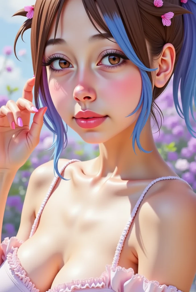 highly detailed, seductive erotic female is sweating,  covered in rose pedals, (busty, pink/blue hair), centered on the face, face focused, intricate eyes,