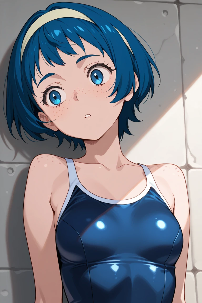 Cartoon photo of a man in a blue swimsuit,  Wet swimsuit, Men with short blue hair, wearing a swimming wear, garments:Competitive swimsuit, Rogue Anime Boy, short-hair, Swimsuit, Cute boy in tank suit,