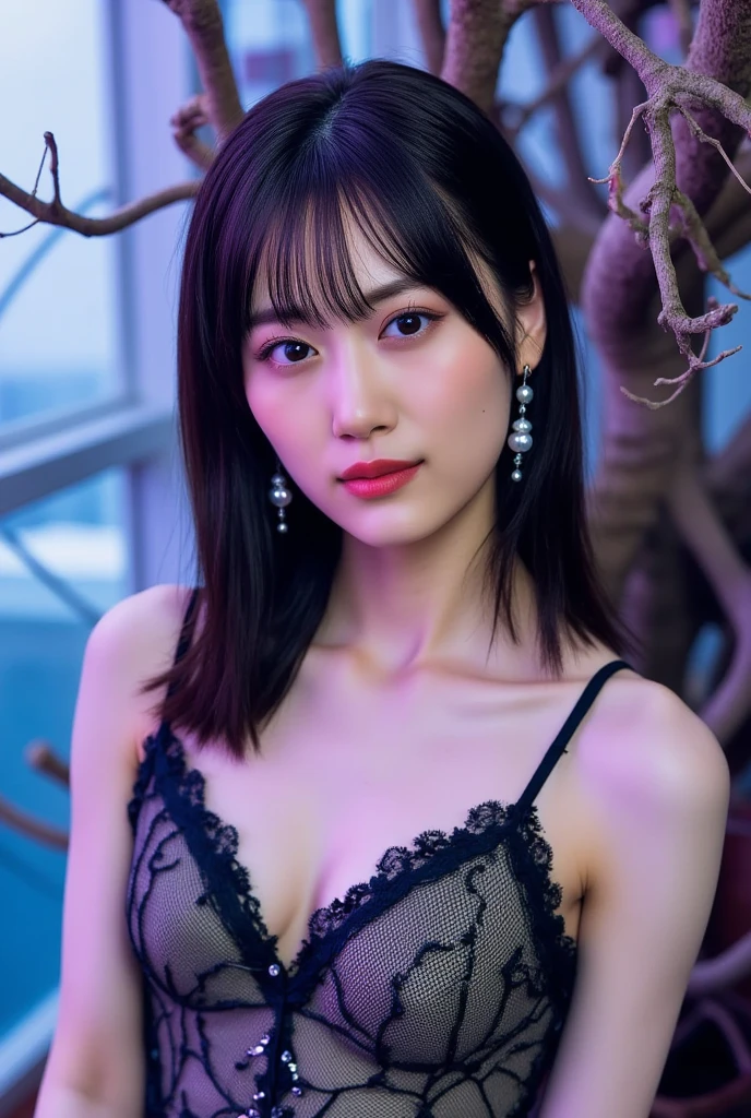height: 170cm, 30 years old、Pale face and eyes:1.3、Very narrow face and eyes:1.3, (Swollen eyes:1.5)、Dark eyeliner、Thick eyebrows、Thick eyebrows、{Highest quality}, {{masterpiece}}, {Very delicate and beautiful}, Great light and shadow, Highly detailed wallpaper, clear 、1 girl, , blush, Short Bob Hair, (Bare Bust、Supermodel Legs、High heels), Delicate hair, (Realistic skin texture:1.3), Saggy breasts, Cleavage、or noticeable wrinkles on the skin., B cup, Broad shoulders, ((Dynamic Model Pose)), necklace、ring、earrings、BREAK (( a strapless, form-fitting black lace dress that has intricate floral patterns. The dress features a sheer lace overlay that adds a touch of elegance and sensuality. The hem of the dress is designed with a delicate lace trim, and it appears to be knee-length or slightly longer)), smile、(Front Focus), (In the Dark:1.6), Surrealist female portraits by David Hockney and Alphonse Mucha, Fantasy art, Realistic, Dynamic Lighting, Art Station, Poster, Volumetric lighting, Highly detailed face, 4K, Awards, 1 girl, In the Dark, Deep Shadow, Discreet keys, Long Hair, color々angle, color々performance