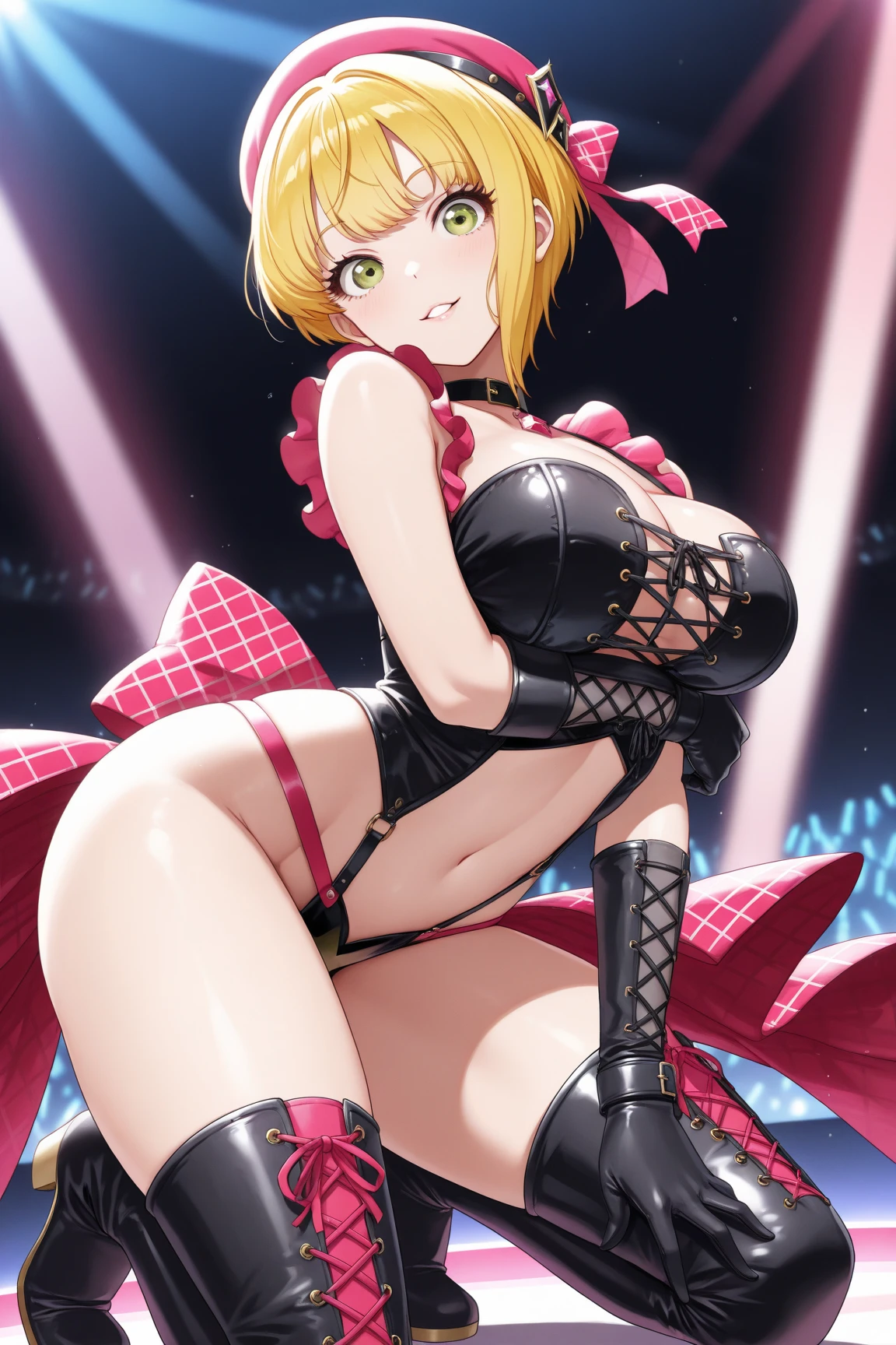 Sexy cheerleader, kneeling , giving blowjob, bun hair style , with black tiny demon horns, wearing necklace,