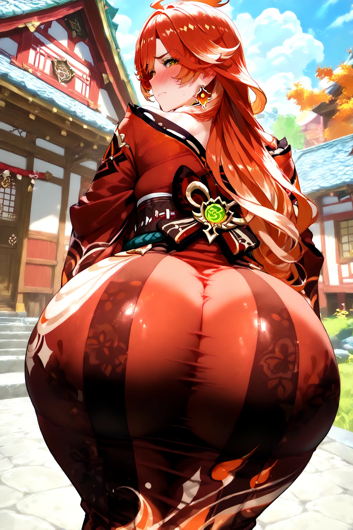 the spirit of Halloween in the form of a beautiful black woman, ( black and orange flowing hair, highly detailed face, medium_breast, ample hips, insanely detailed accentuated big booty, wearing gothic attire), the style of neo-traditoional Japanese, Magali Villeneuve, urban and edgy, extremely detailed, xiaofei Yue, dark crimson and orange, anime-inspired, traincore, --niji 5