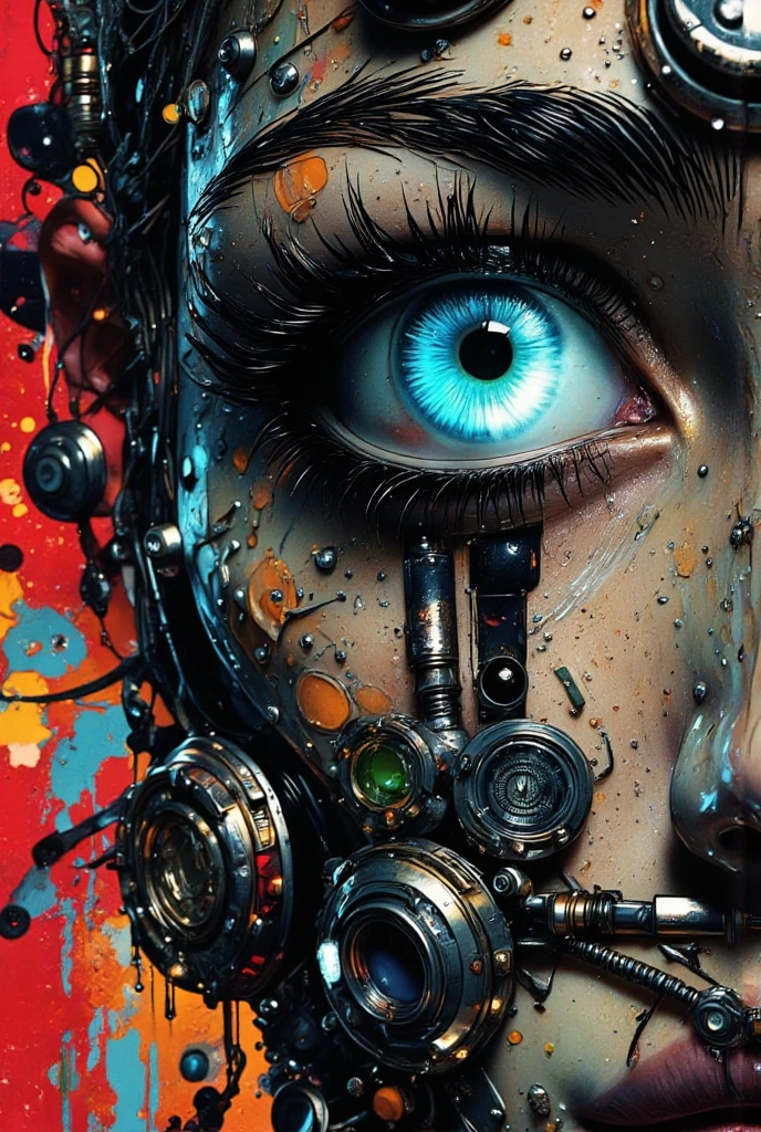 A close-up shot of an eye that has been mechanically enhanced, showcasing intricate mechanical components seamlessly integrated into the human anatomy. The iris and pupil are replaced with a sophisticated mechanism, featuring metallic gears and circuitry that emit a soft glow under ambient light. The surrounding skin appears slightly stretched or modified to accommodate the complex machinery.

The composition of this picture is tightly focused on the eye, emphasizing its detail through close-up framing, while the perspective structure highlights the depth and complexity of the mechanical enhancements. The scene environment is dimly lit with subtle reflections catching on metallic parts, creating a sleek and futuristic aesthetic.

Artistically, this piece adopts elements from cyberpunk aesthetics, blending high-tech machinery with organic human features in an uncanny yet captivating way. The painting style incorporates fine brushstrokes to highlight the intricacy of mechanical details while maintaining smooth transitions between metal and flesh tones.

The emotional expression conveys a sense of wonder and unease as the viewer is drawn into the mysterious world of technological integration, questioning the boundaries between humanity and machines. The color palette consists of cool metallic hues with warm undertones from skin and subtle lighting effects, creating a balanced yet striking visual impact.

This composition captures the essence of human enhancement through technology, showcasing both its beauty and potential dangers in equal measure, leaving viewers pondering the implications of such advancements on society and individual identity.