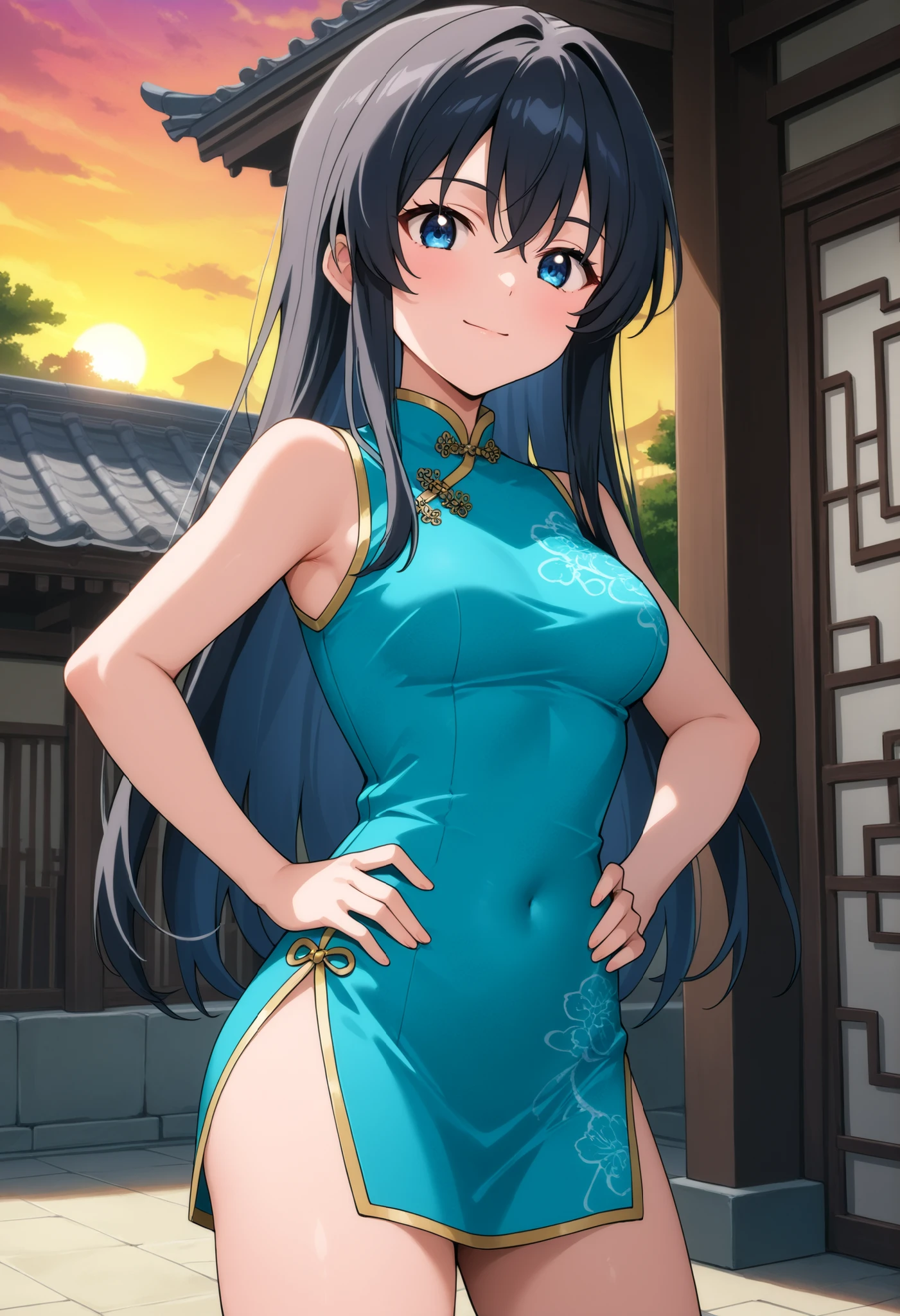 Masterpiece, best quality,Solo, cowboy shot,Sonoda umi love live, Chinese dress,cat cleavage cutout, flowers printed, day,golden eyes,(blushing:1.2),high side slit , thighs , restaurant 